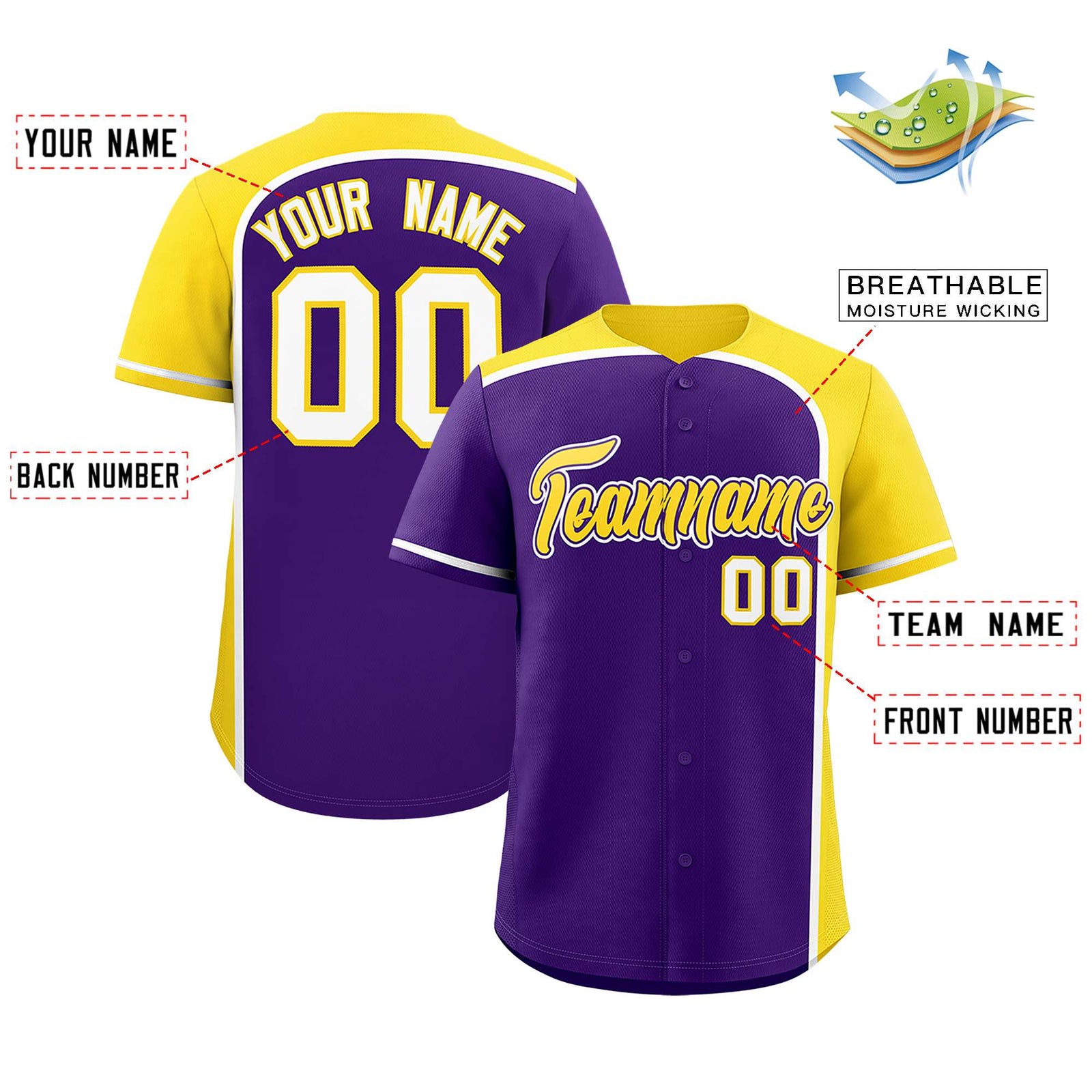 Custom Purple Gold Personalized Color Block Authentic Baseball jersey