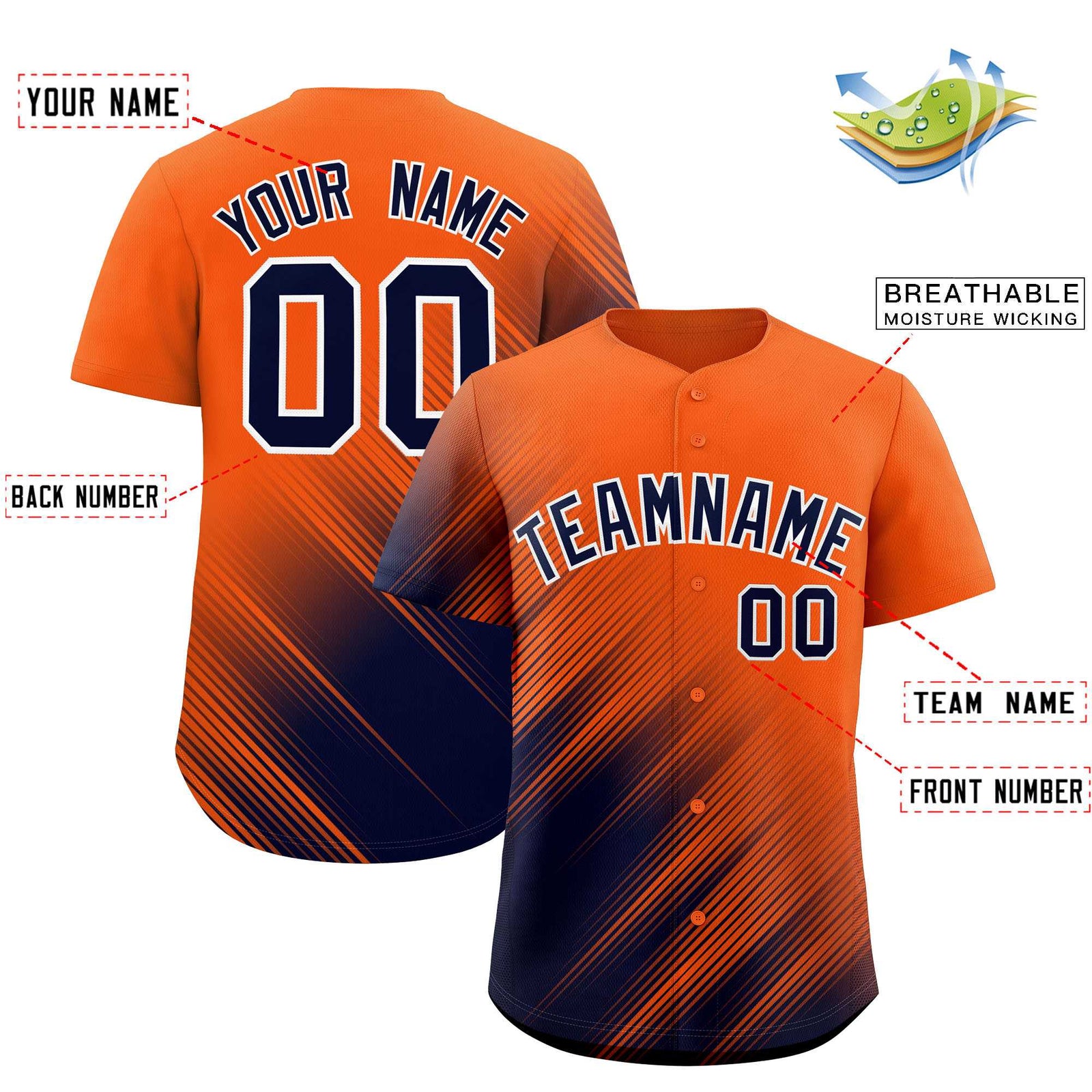 Custom Orange Navy Diagonal Stripe Personalized Gradient Fashion Baseball Jersey