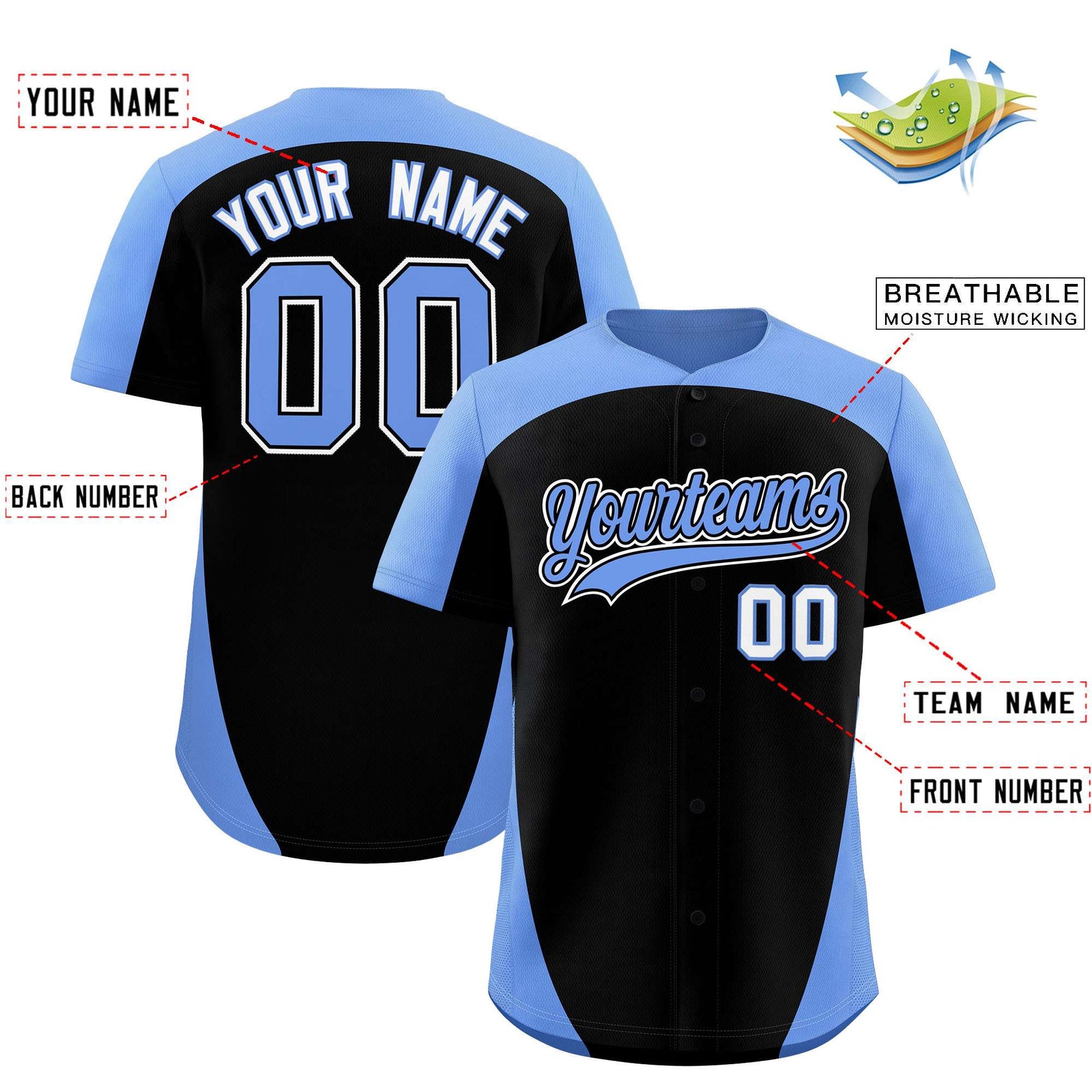 Custom Black Light Blue Personalized Edge Color Block Authentic Baseball Jersey