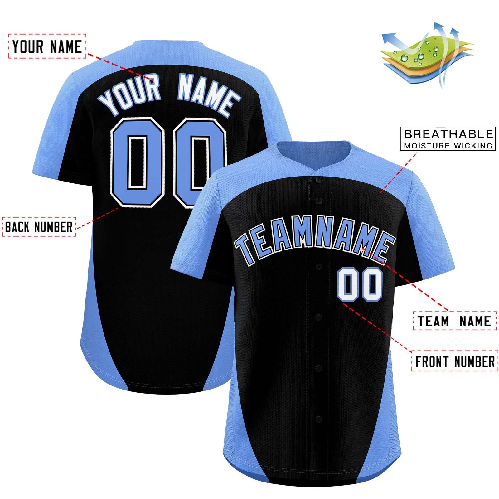 Custom Black Light Blue Personalized Edge Color Block Authentic Baseball Jersey