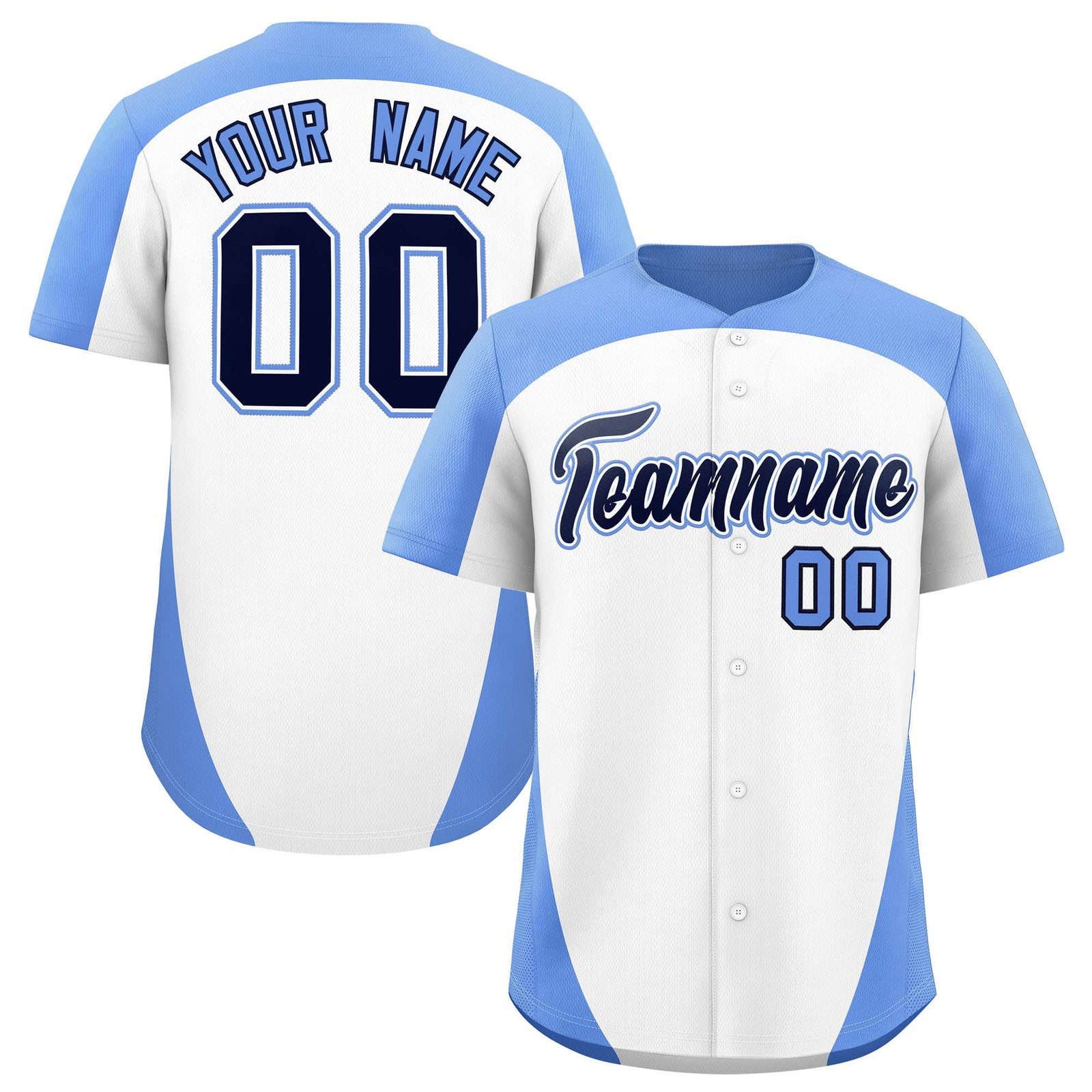 Custom White Light Blue Personalized Edge Color Block Authentic Baseball Jersey
