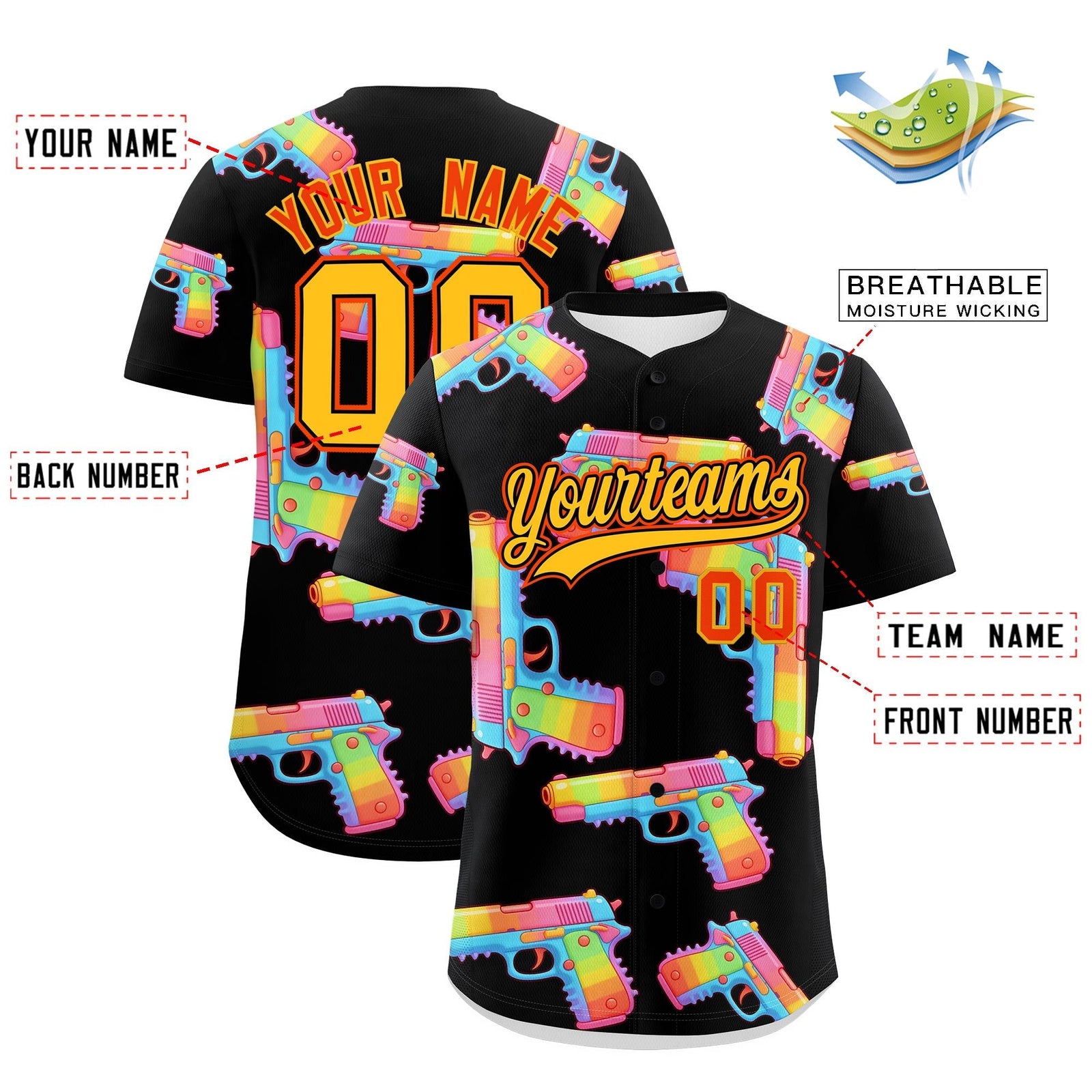 Custom Youth Baseball Jersey Black Yellow Sugar-Coated Firepower Graffiti Pattern Hip-hop