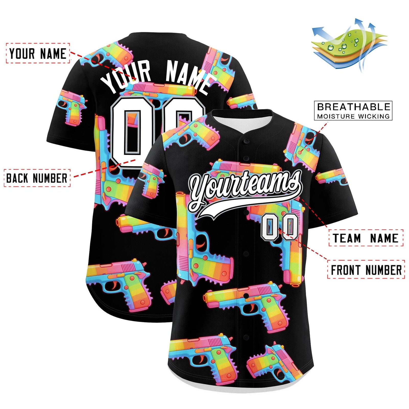 Custom Youth Baseball Jersey Black White Sugar-Coated Firepower Graffiti Pattern Street Style