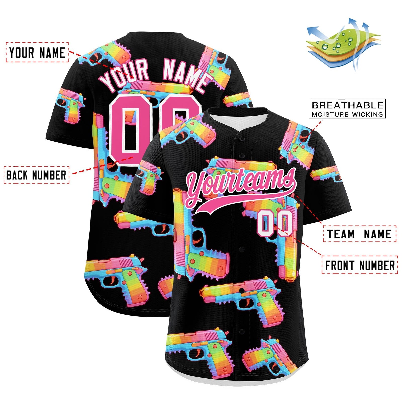 Custom Youth Baseball Jersey Black Pink Sugar-Coated Firepower Graffiti Pattern Hip-hop