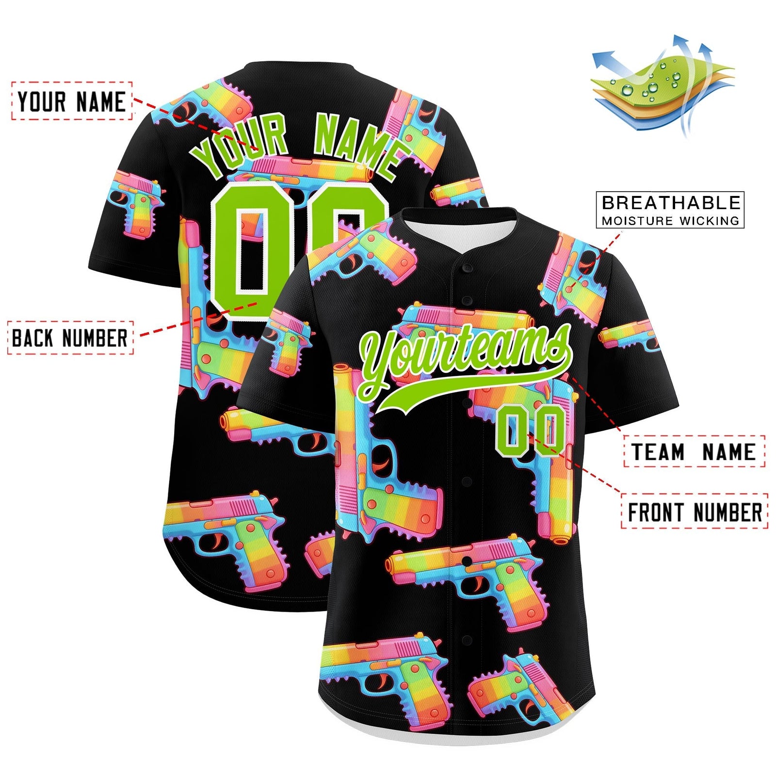 Custom Youth Baseball Jersey Black Neon Green Sugar-Coated Firepower Graffiti Pattern Hip-hop