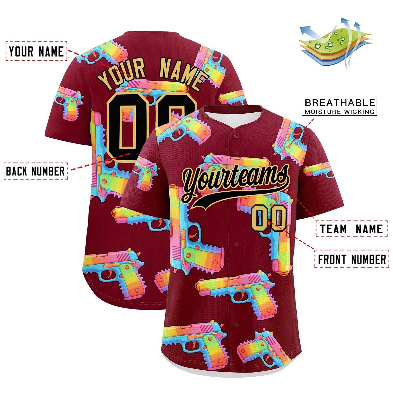 Custom Youth Baseball Jersey Crimson Black Khaki Sugar-Coated Firepower Graffiti Pattern Street Style