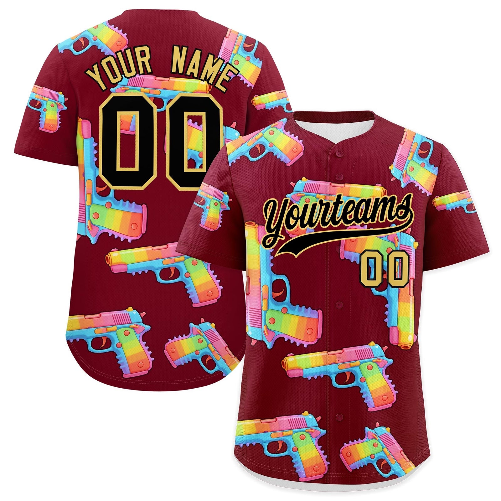 Custom Youth Baseball Jersey Crimson Black Khaki Sugar-Coated Firepower Graffiti Pattern Street Style