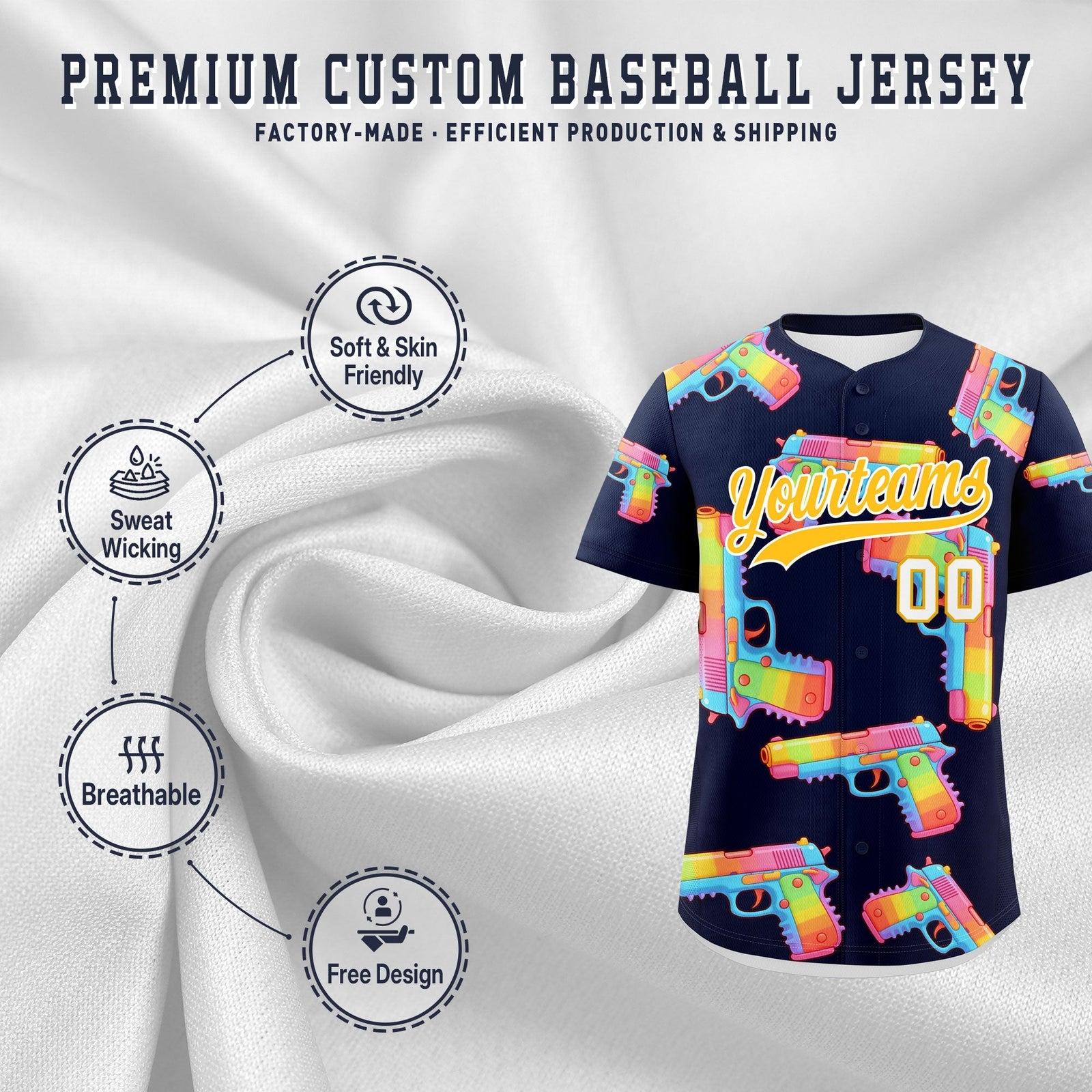 Custom Youth Baseball Jersey Navy Yellow Sugar-Coated Firepower Graffiti Pattern Hip-hop
