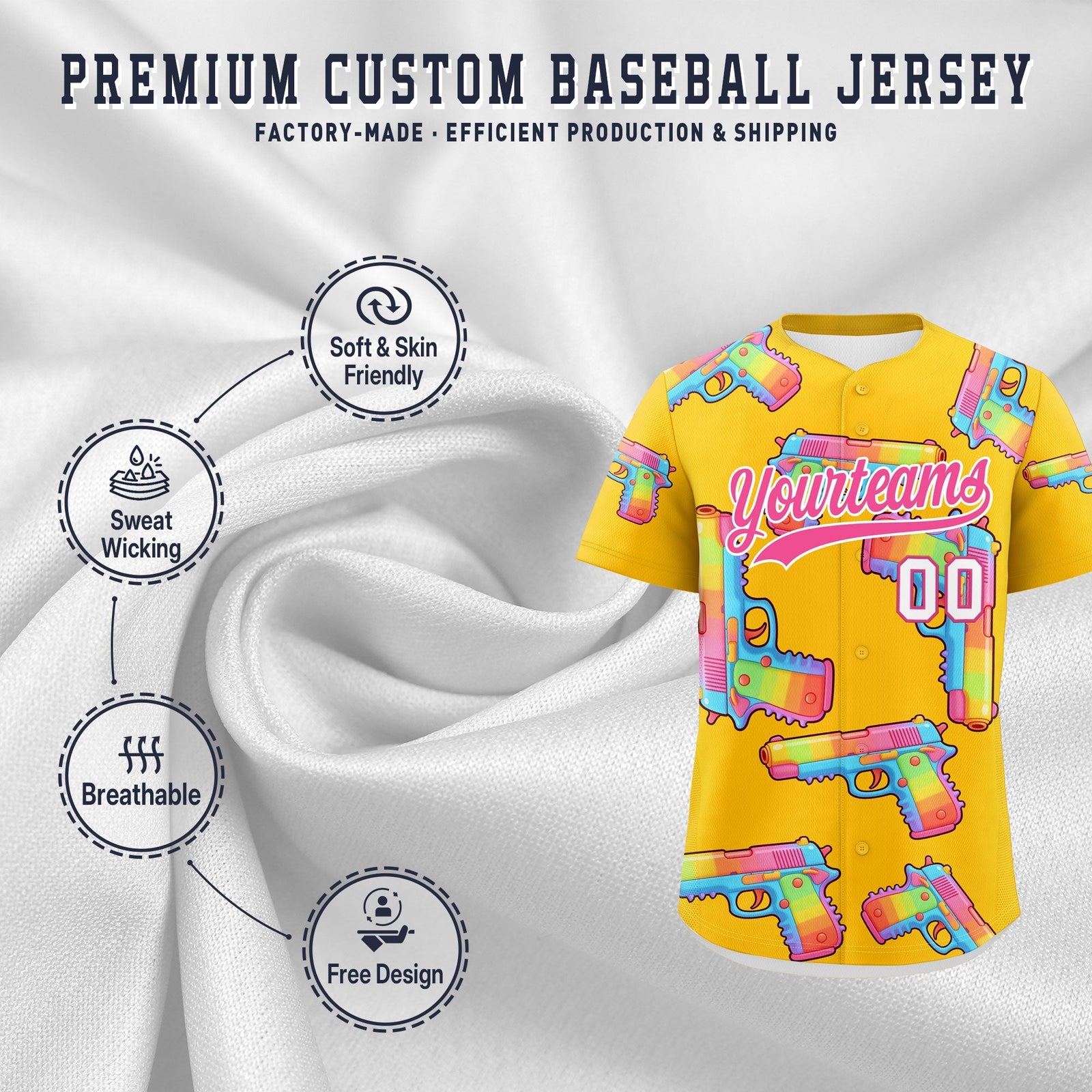Custom Youth Baseball Jersey Yellow Pink Sugar-Coated Firepower Graffiti Pattern Hip-hop
