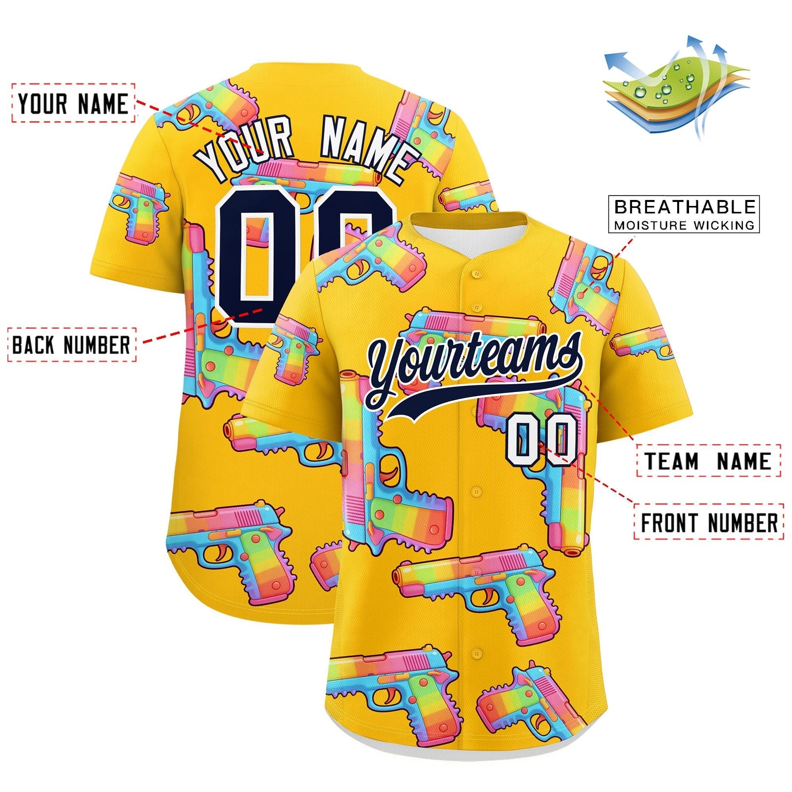 Custom Youth Baseball Jersey Yellow Navy Sugar-Coated Firepower Graffiti Pattern Street Style