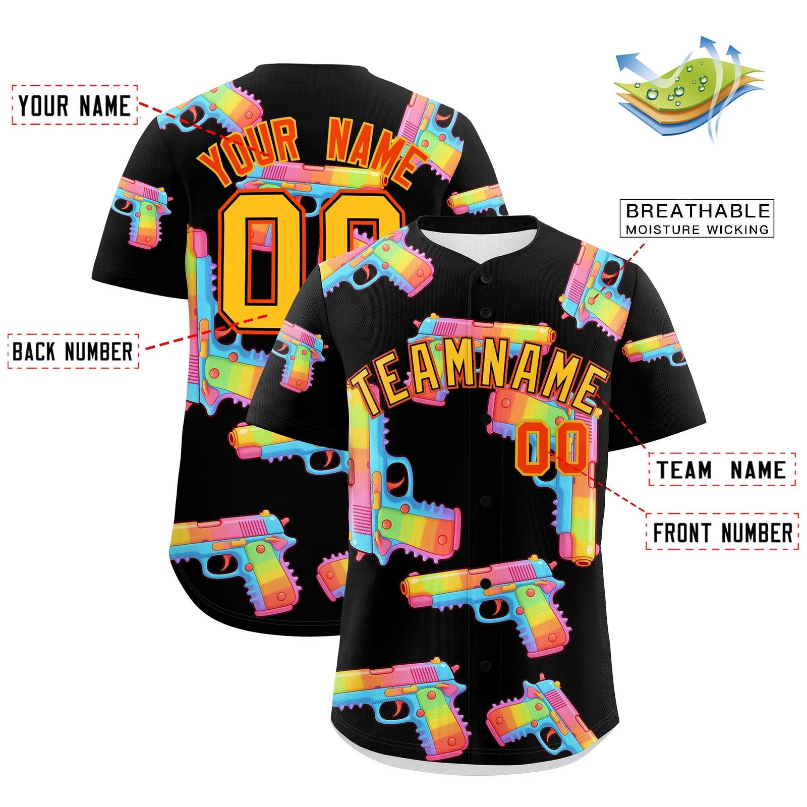 Custom Youth Baseball Jersey Black Yellow Sugar-Coated Firepower Graffiti Pattern Hip-hop