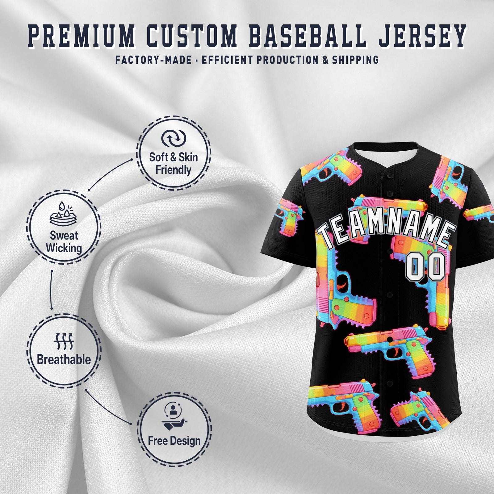 Custom Youth Baseball Jersey Black White Sugar-Coated Firepower Graffiti Pattern Street Style