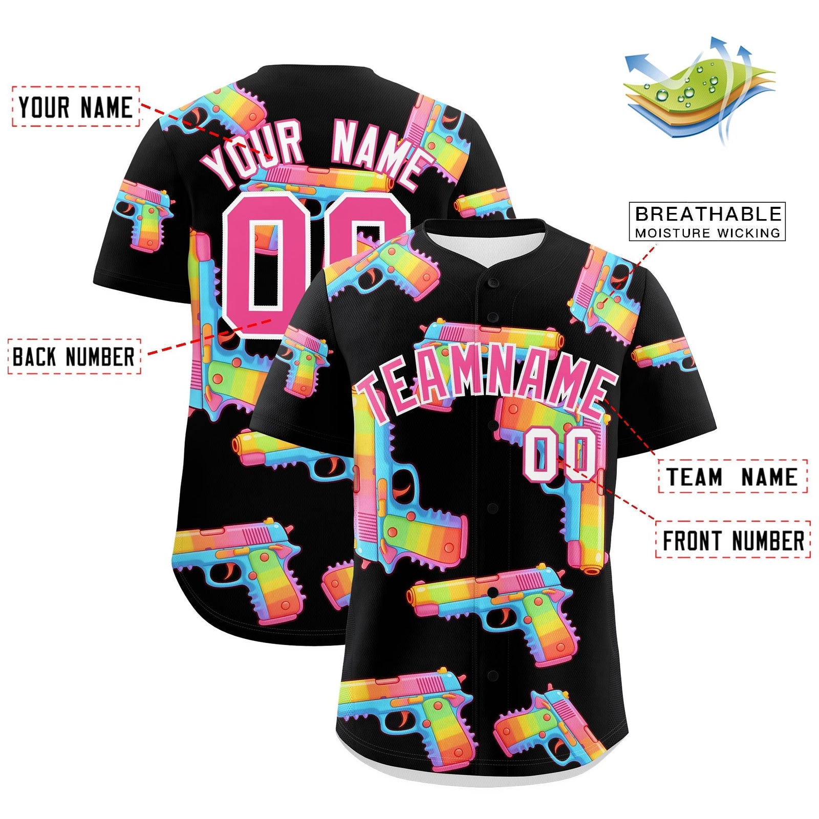 Custom Youth Baseball Jersey Black Pink Sugar-Coated Firepower Graffiti Pattern Hip-hop