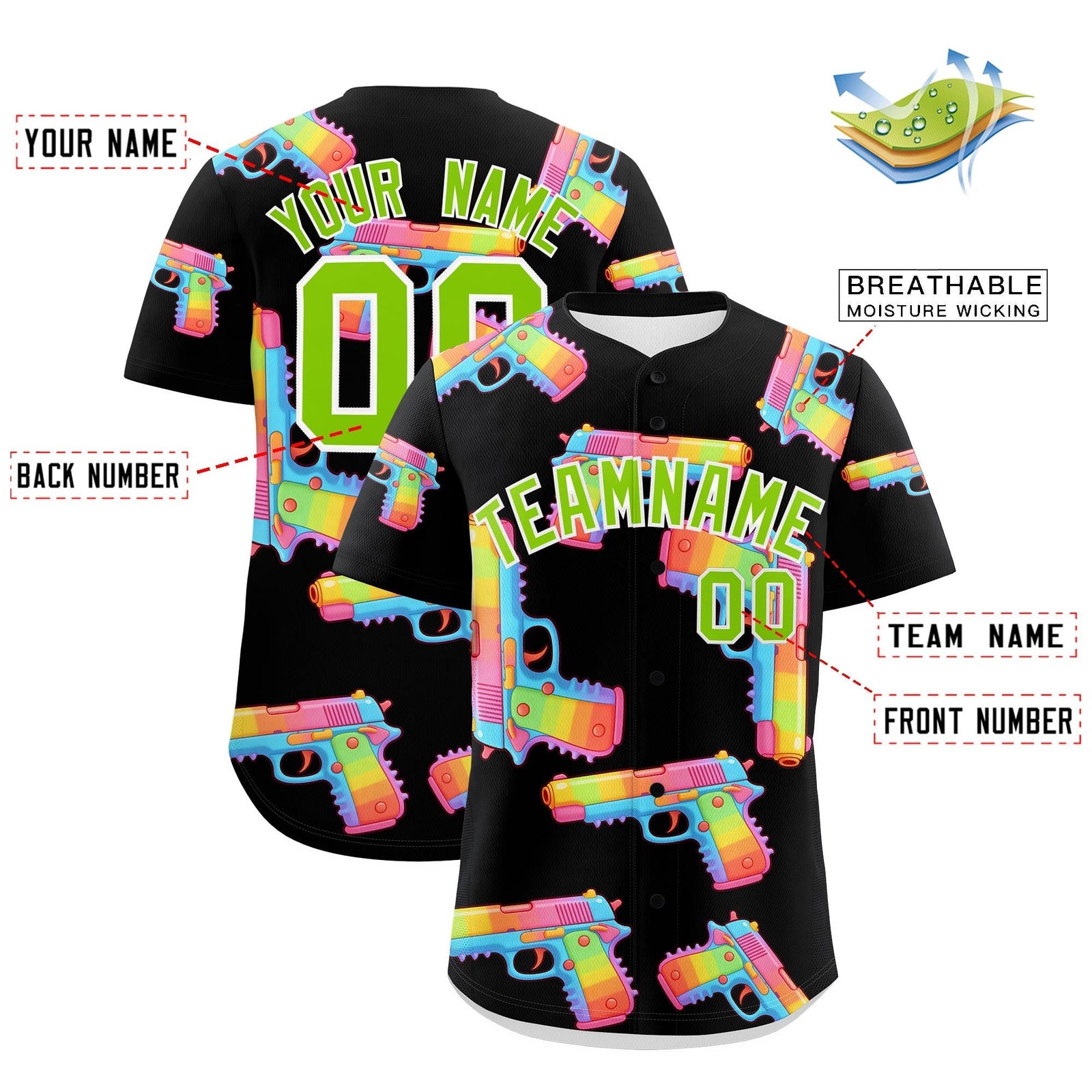 Custom Youth Baseball Jersey Black Neon Green Sugar-Coated Firepower Graffiti Pattern Hip-hop