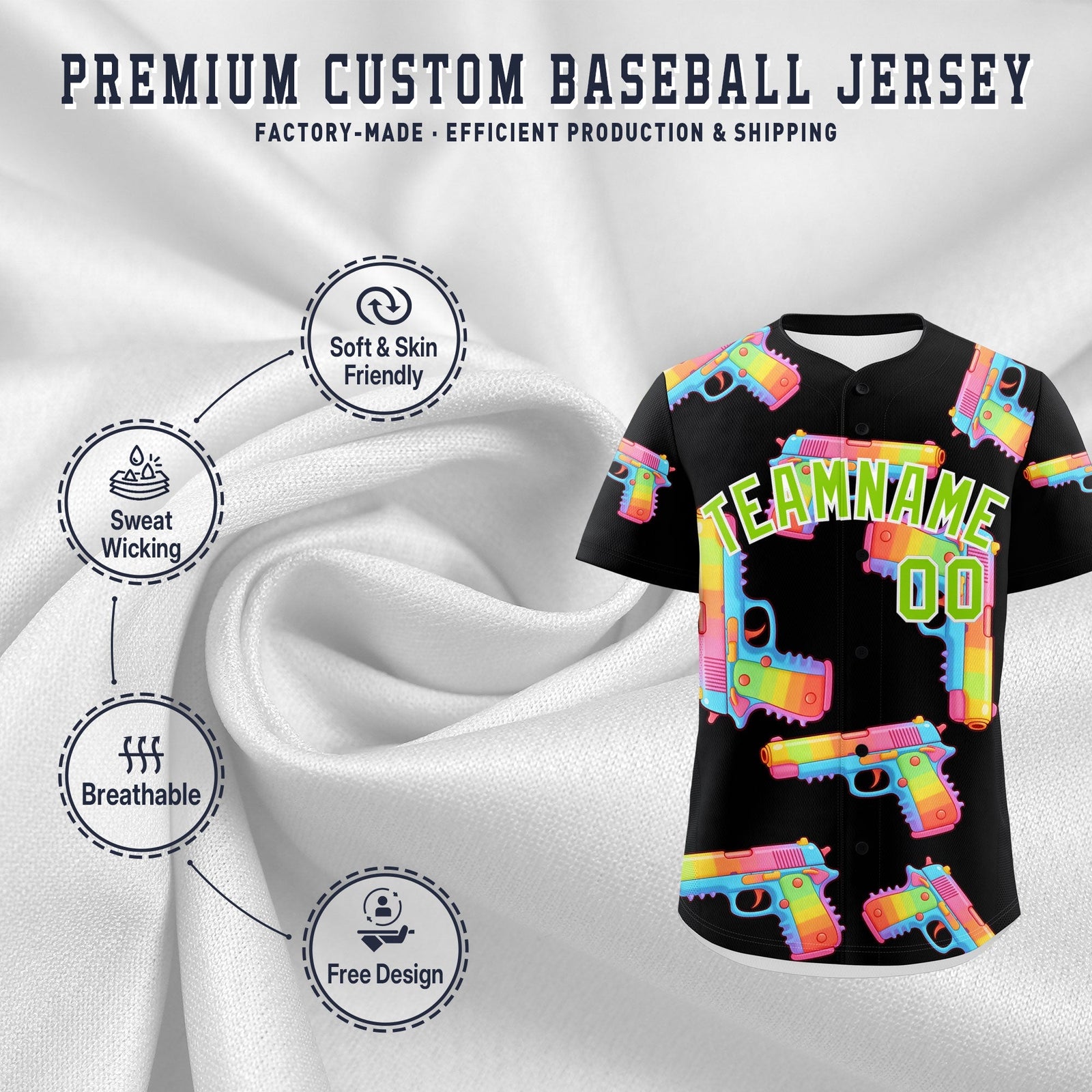 Custom Youth Baseball Jersey Black Neon Green Sugar-Coated Firepower Graffiti Pattern Hip-hop