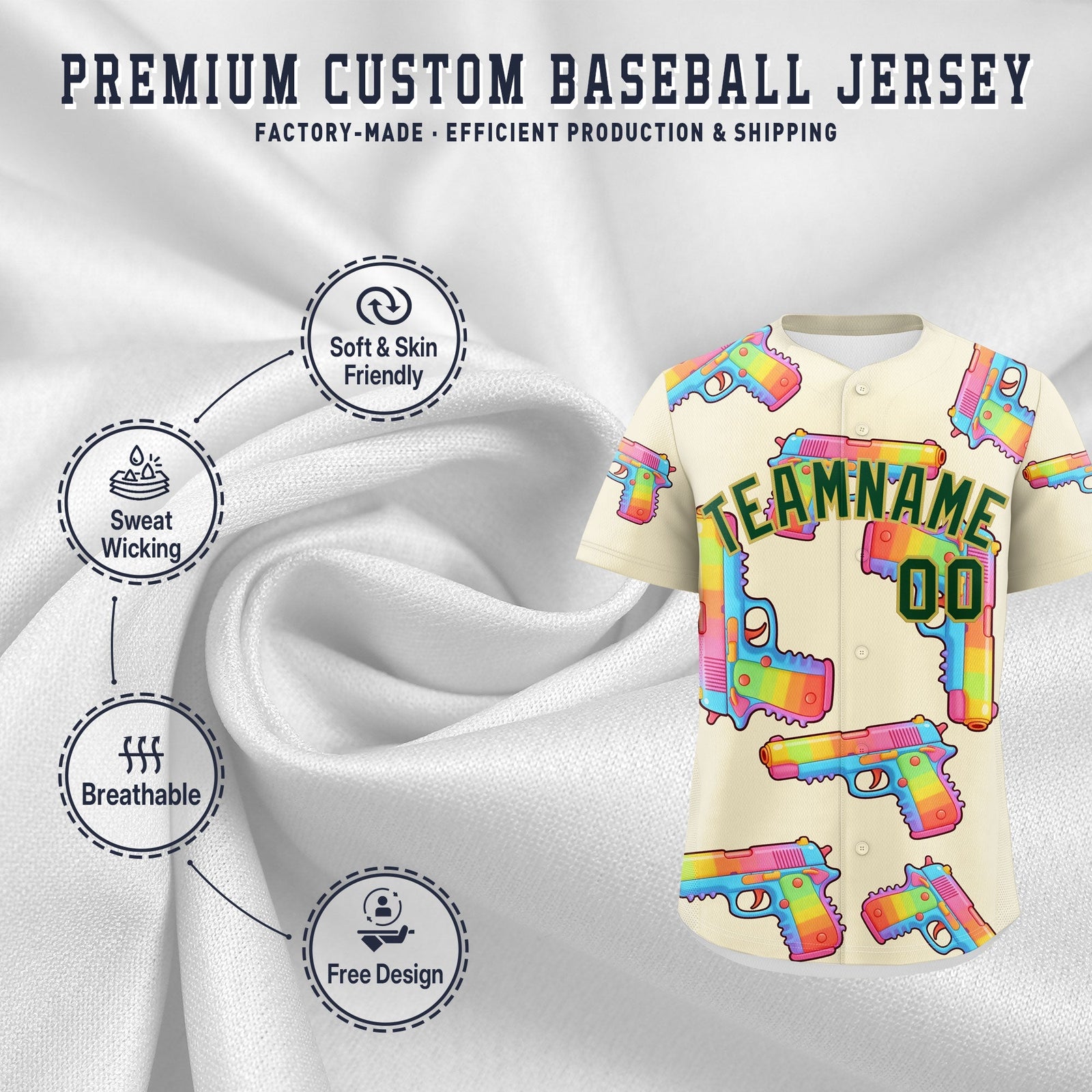 Custom Youth Baseball Jersey Cream Dark Green Sugar-Coated Firepower Graffiti Pattern Urban Fashion