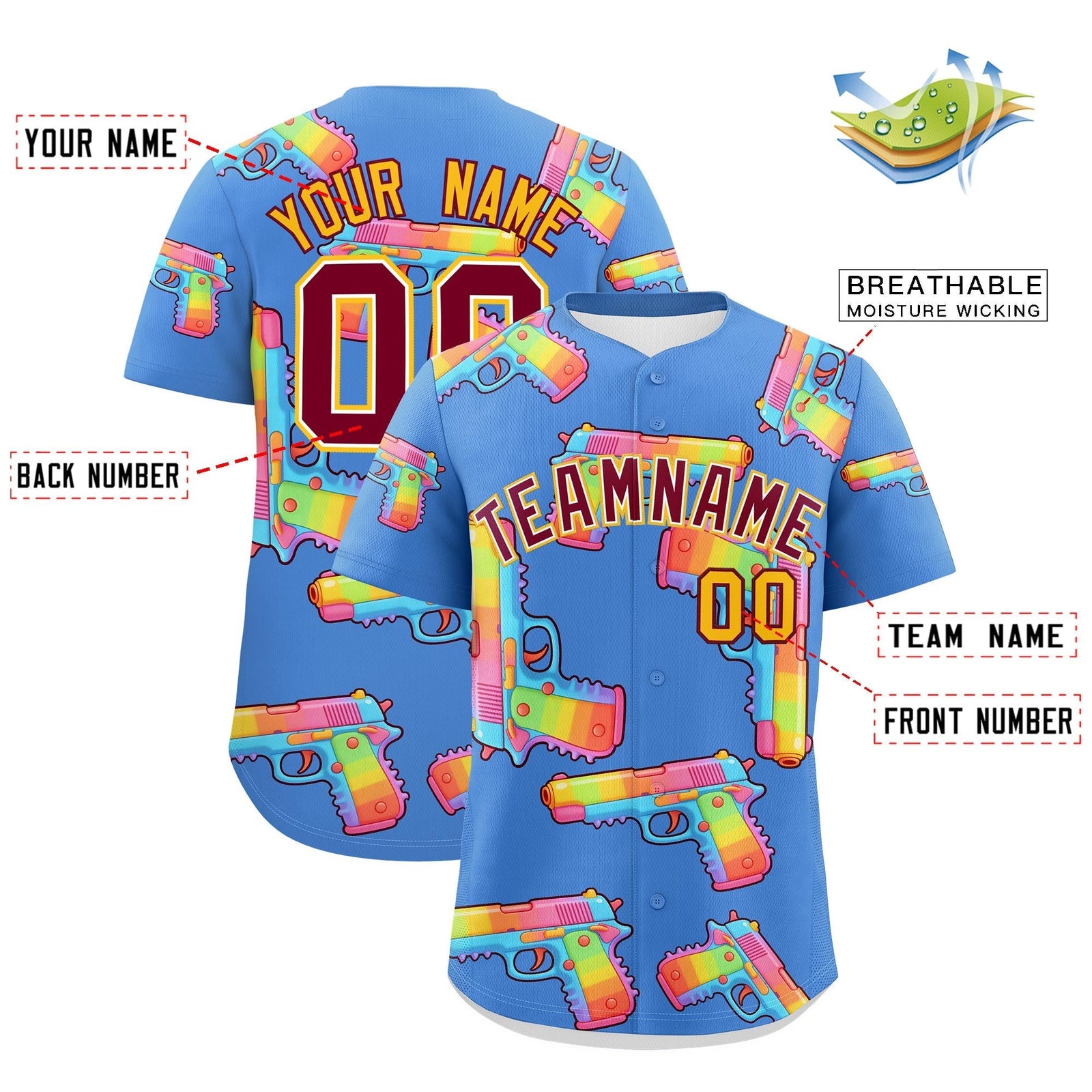 Custom Youth Baseball Jersey Powder Blue Crimson Sugar-Coated Firepower Graffiti Pattern Street Style