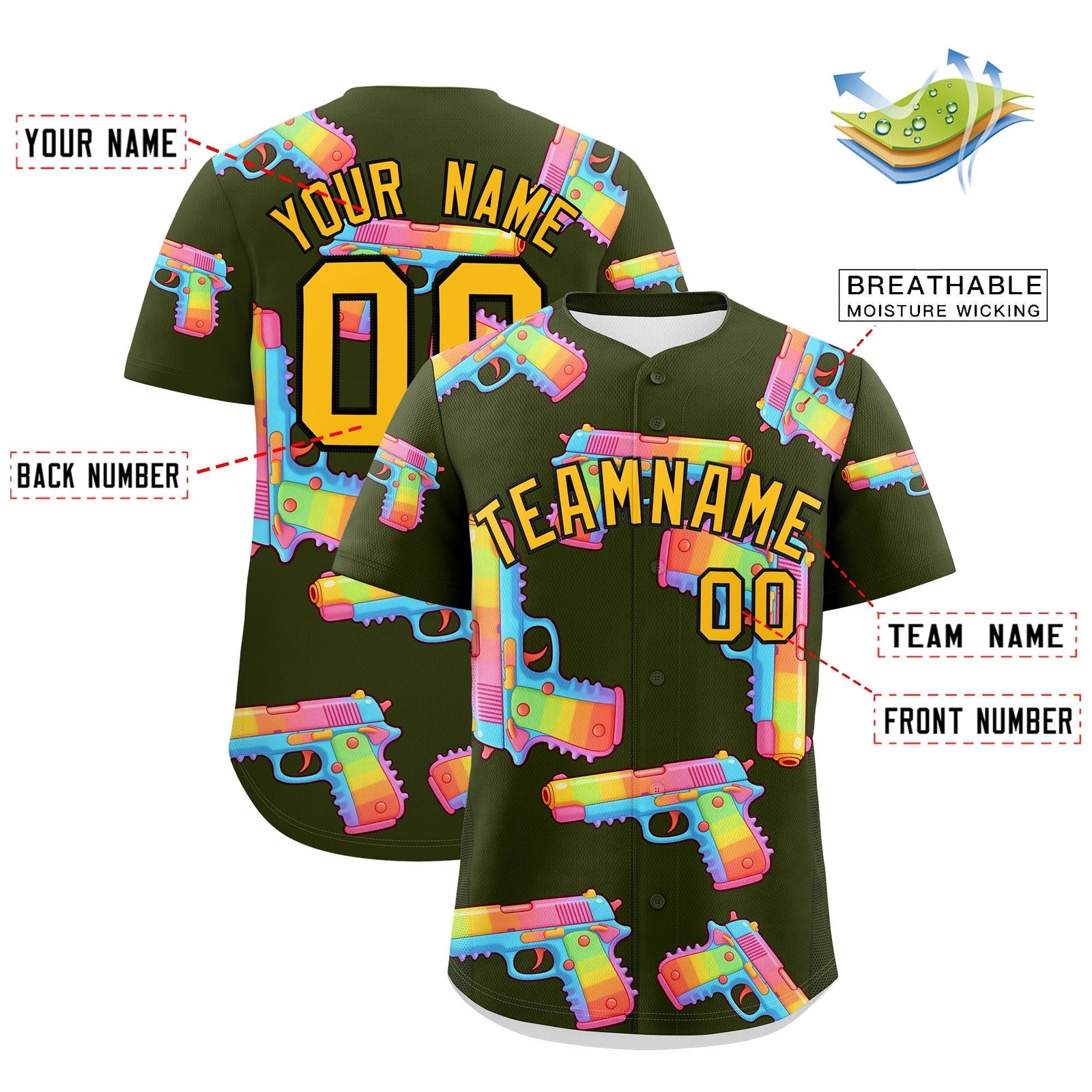 Custom Youth Baseball Jersey Olive Yellow Sugar-Coated Firepower Graffiti Pattern Street Style