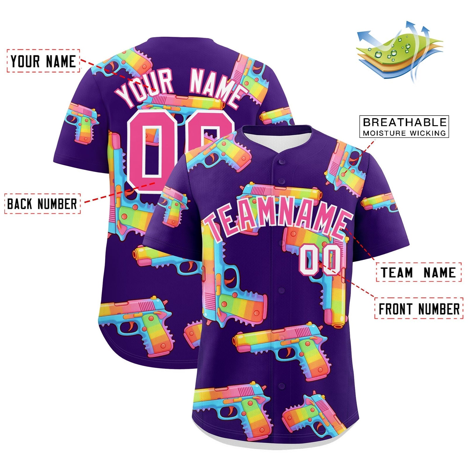 Custom Youth Baseball Jersey Purple Pink Sugar-Coated Firepower Graffiti Pattern Street Style