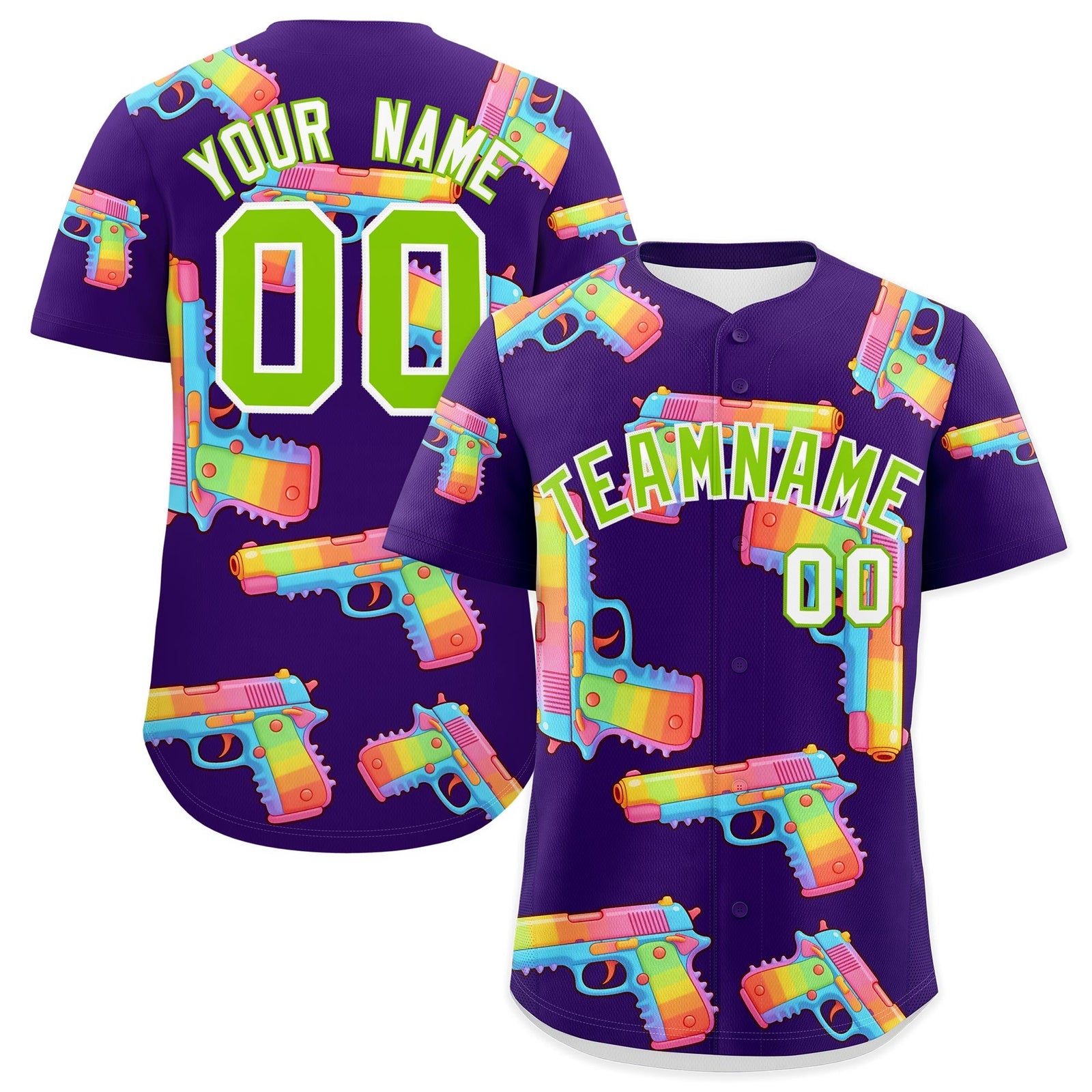 Custom Youth Baseball Jersey Purple Neon Green Sugar-Coated Firepower Graffiti Pattern Urban Fashion