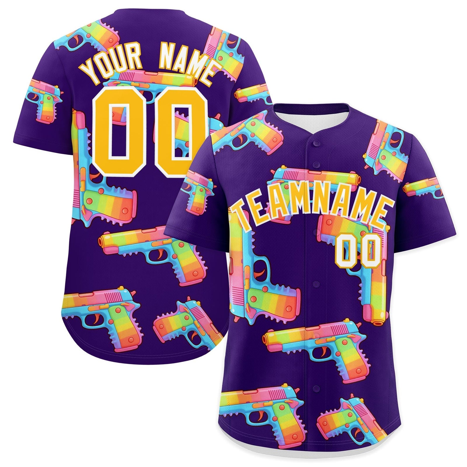 Custom Youth Baseball Jersey Purple Yellow Sugar-Coated Firepower Graffiti Pattern Street Style