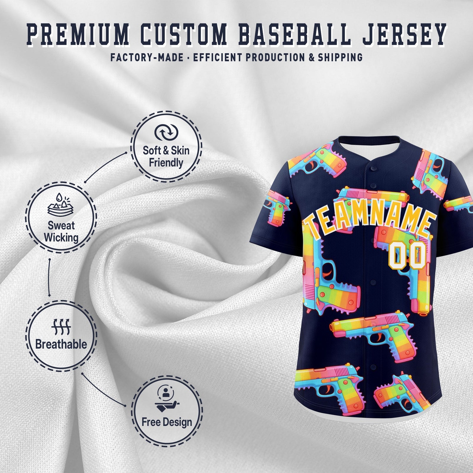Custom Youth Baseball Jersey Navy Yellow Sugar-Coated Firepower Graffiti Pattern Hip-hop
