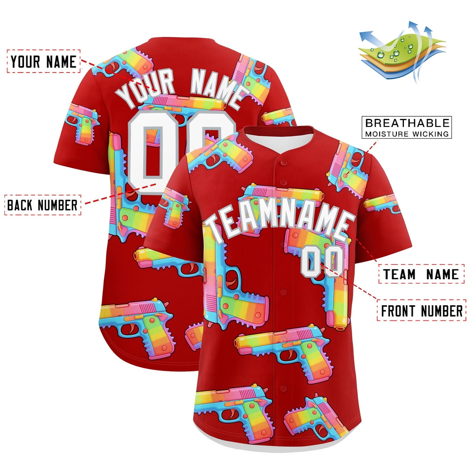 Custom Youth Baseball Jersey Red White Sugar-Coated Firepower Graffiti Pattern Urban Fashion