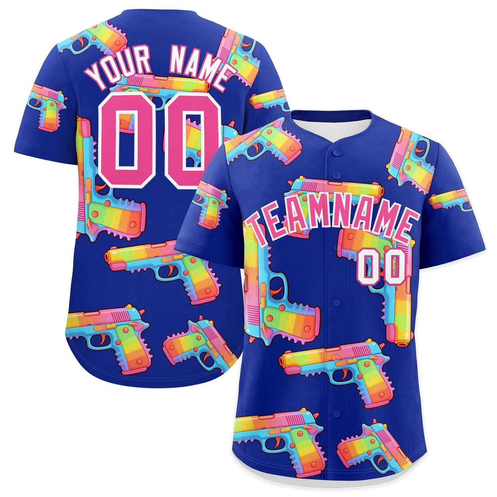 Custom Youth Baseball Jersey Royal Blue Pink Sugar-Coated Firepower Graffiti Pattern Urban Fashion