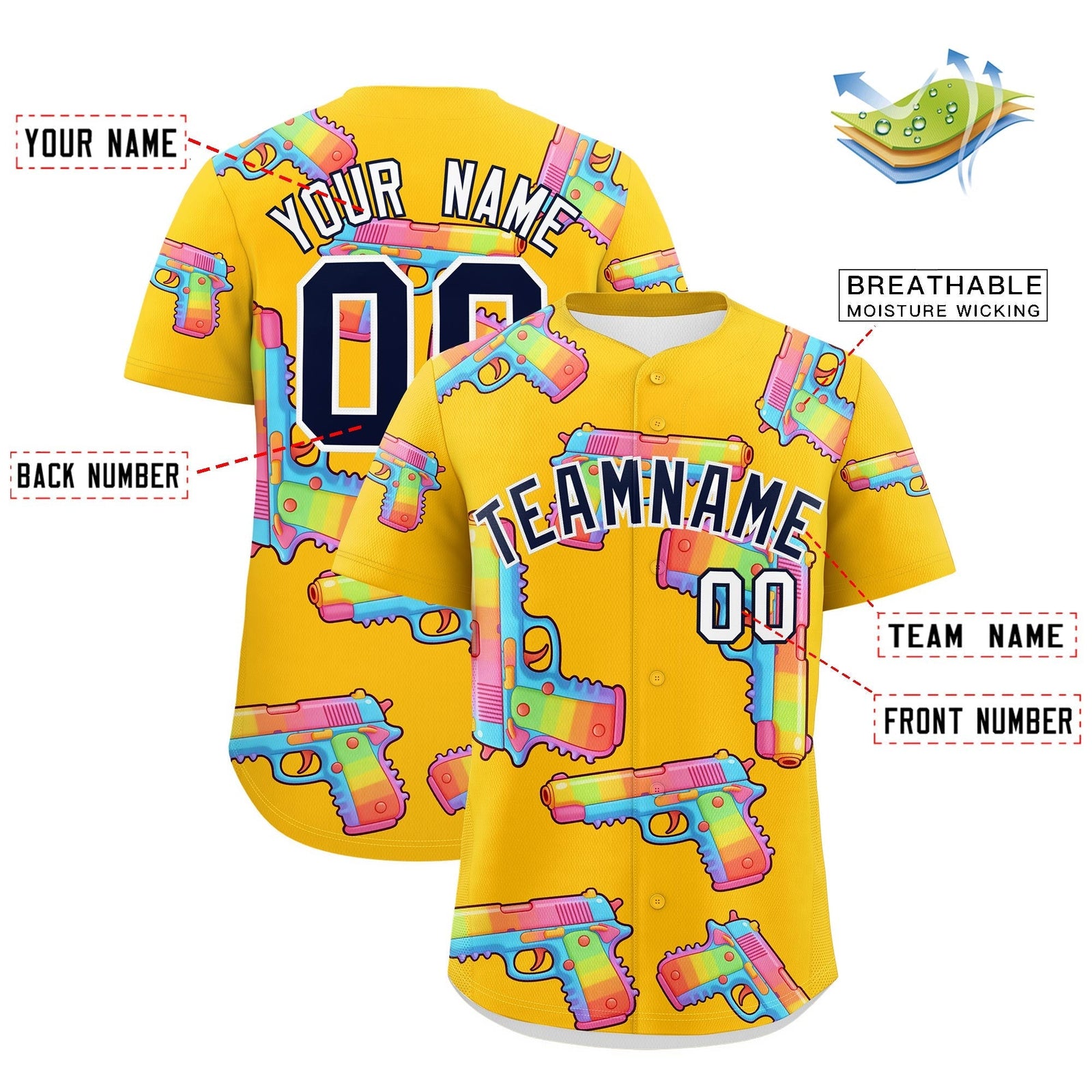 Custom Youth Baseball Jersey Yellow Navy Sugar-Coated Firepower Graffiti Pattern Street Style