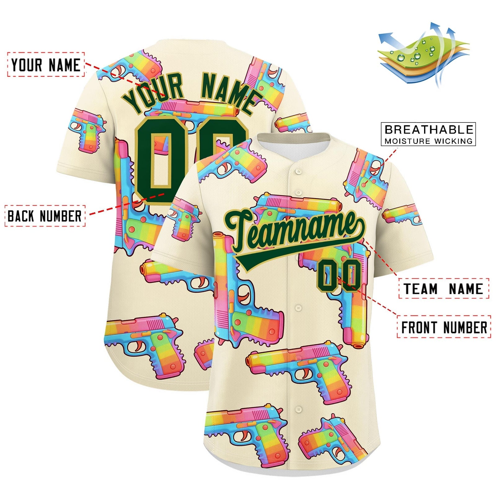 Custom Youth Baseball Jersey Cream Dark Green Sugar-Coated Firepower Graffiti Pattern Urban Fashion