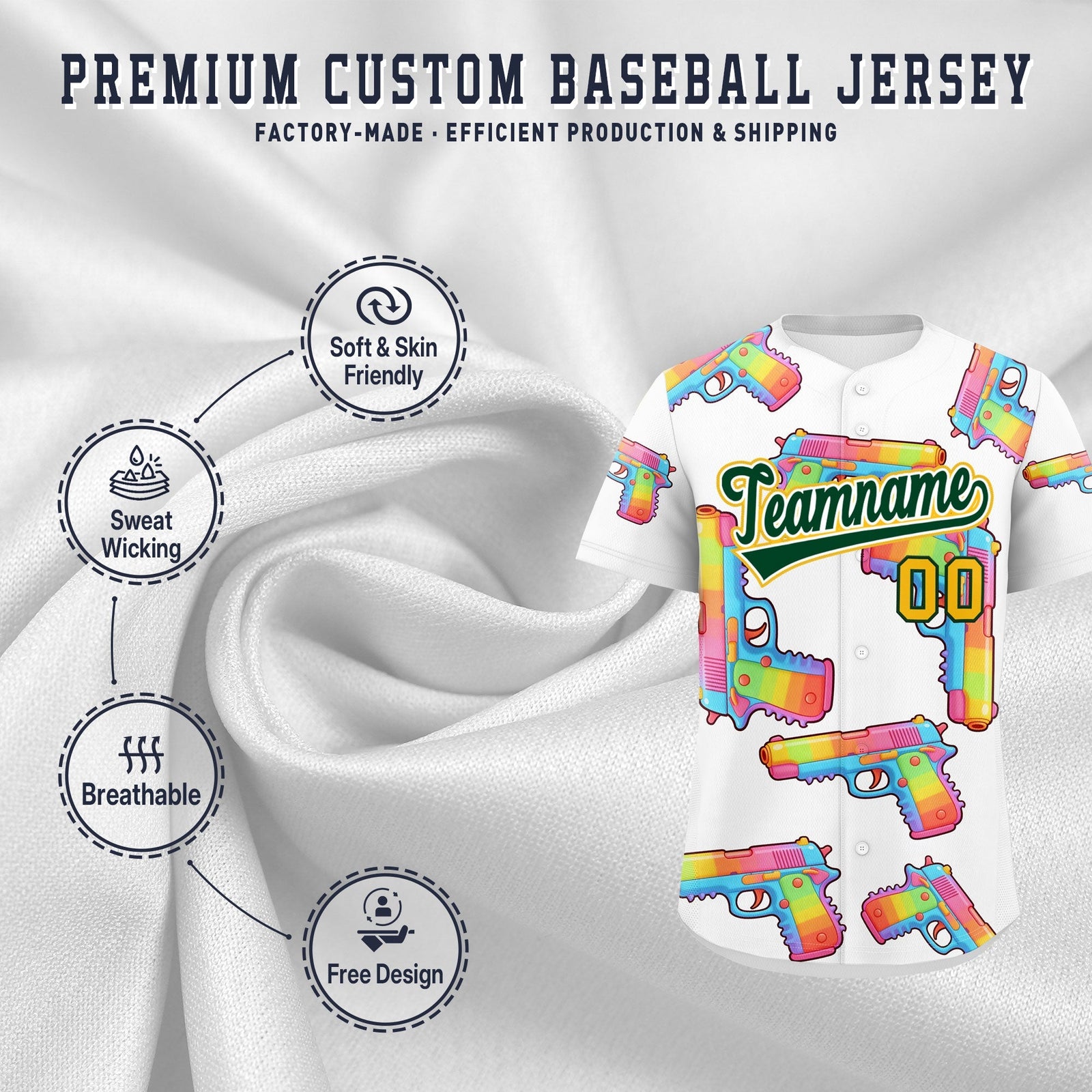 Custom Youth Baseball Jersey White Dark Green Sugar-Coated Firepower Graffiti Pattern Urban Fashion