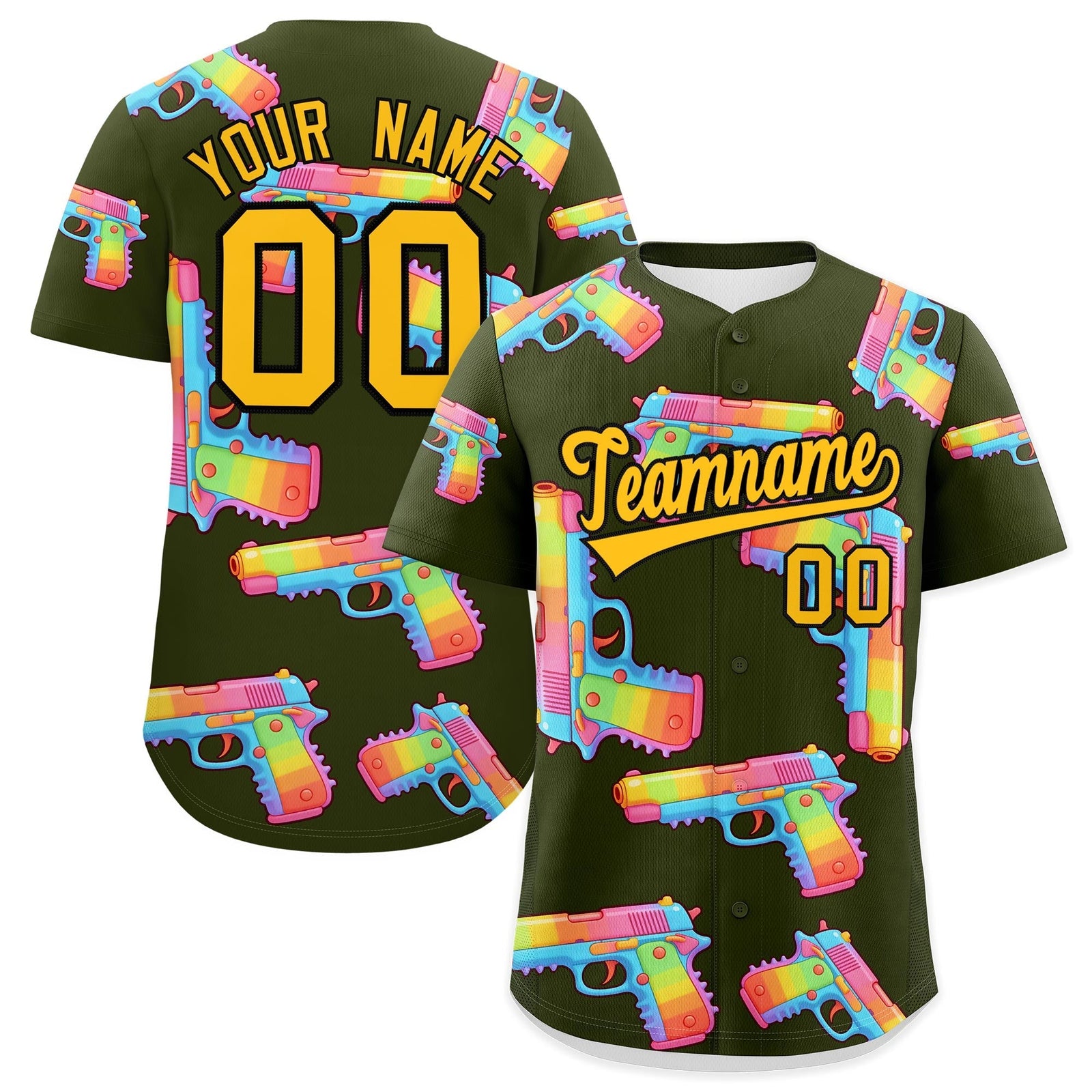 Custom Youth Baseball Jersey Olive Yellow Sugar-Coated Firepower Graffiti Pattern Street Style