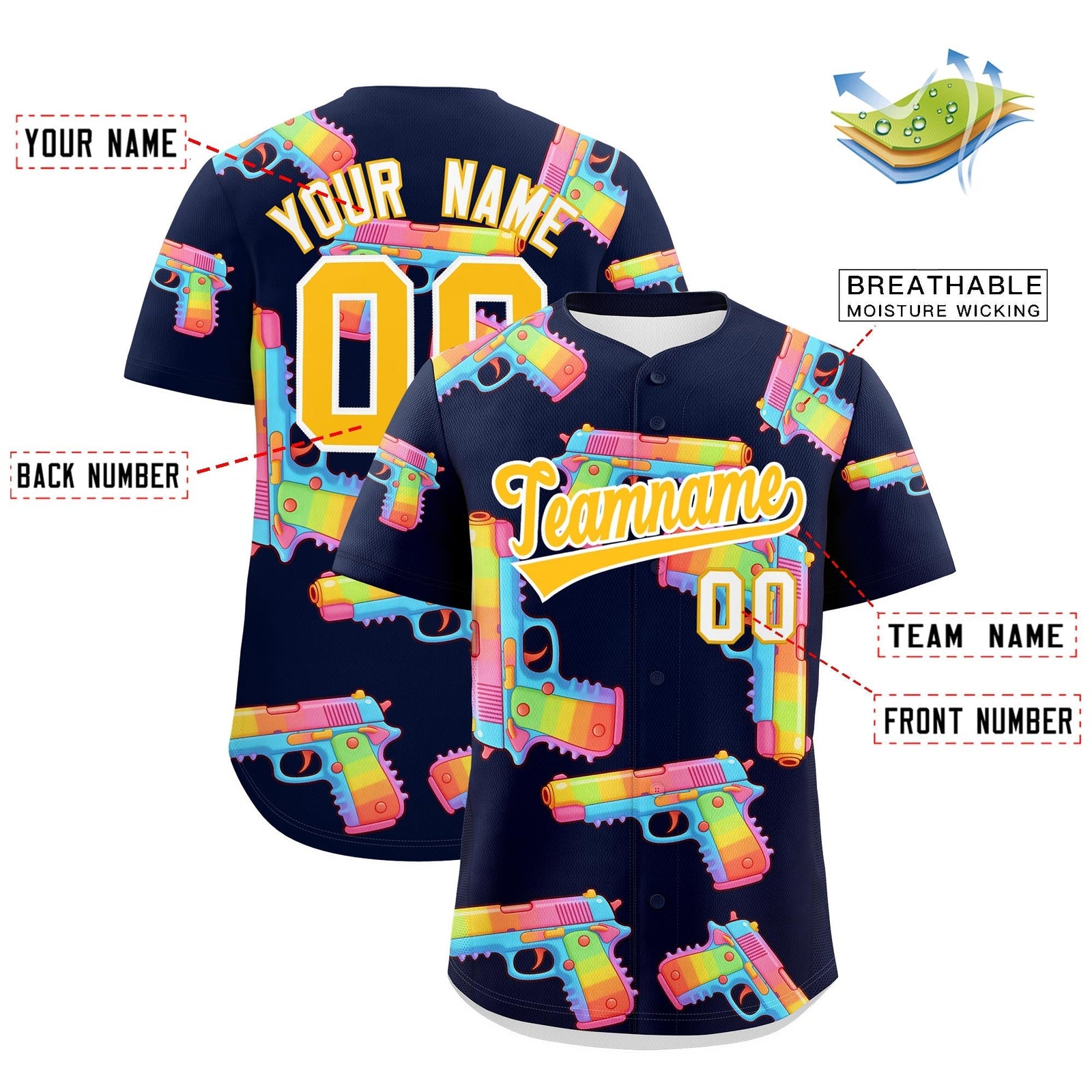 Custom Youth Baseball Jersey Navy Yellow Sugar-Coated Firepower Graffiti Pattern Hip-hop