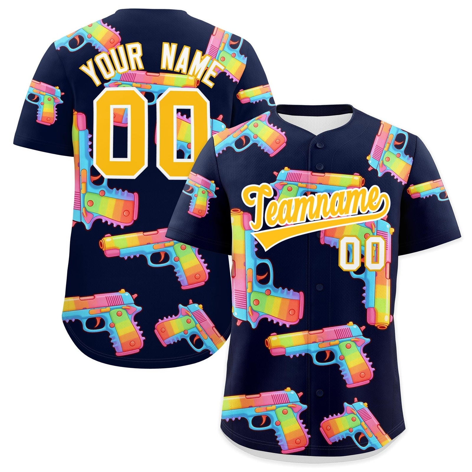 Custom Youth Baseball Jersey Navy Yellow Sugar-Coated Firepower Graffiti Pattern Hip-hop