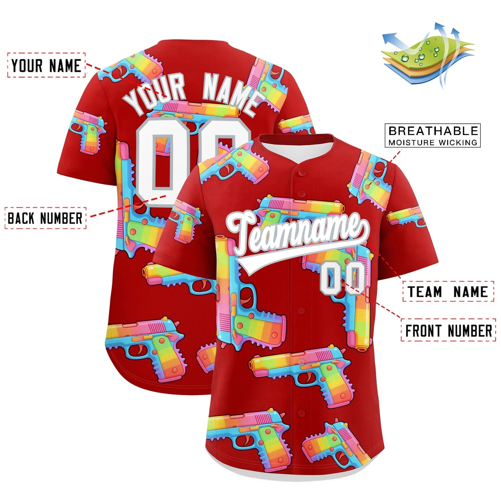 Custom Youth Baseball Jersey Red White Sugar-Coated Firepower Graffiti Pattern Urban Fashion