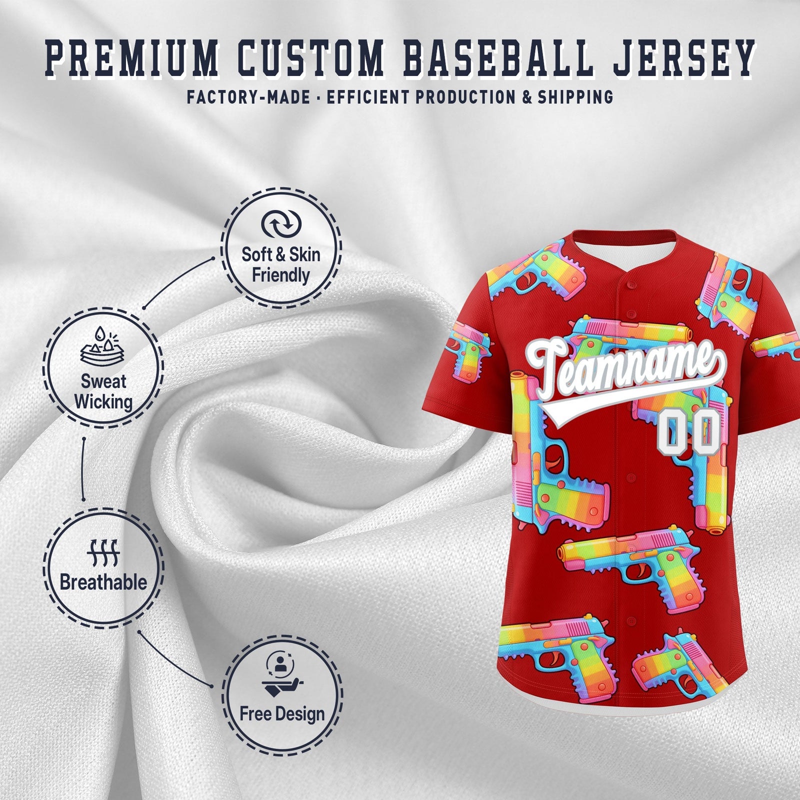 Custom Youth Baseball Jersey Red White Sugar-Coated Firepower Graffiti Pattern Urban Fashion