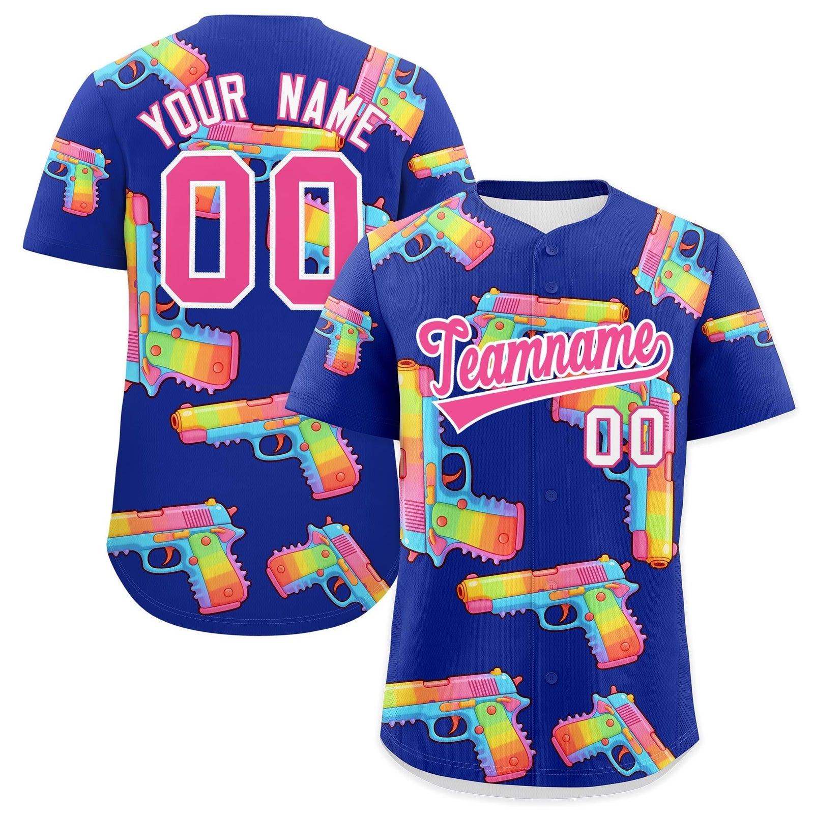 Custom Youth Baseball Jersey Royal Blue Pink Sugar-Coated Firepower Graffiti Pattern Urban Fashion