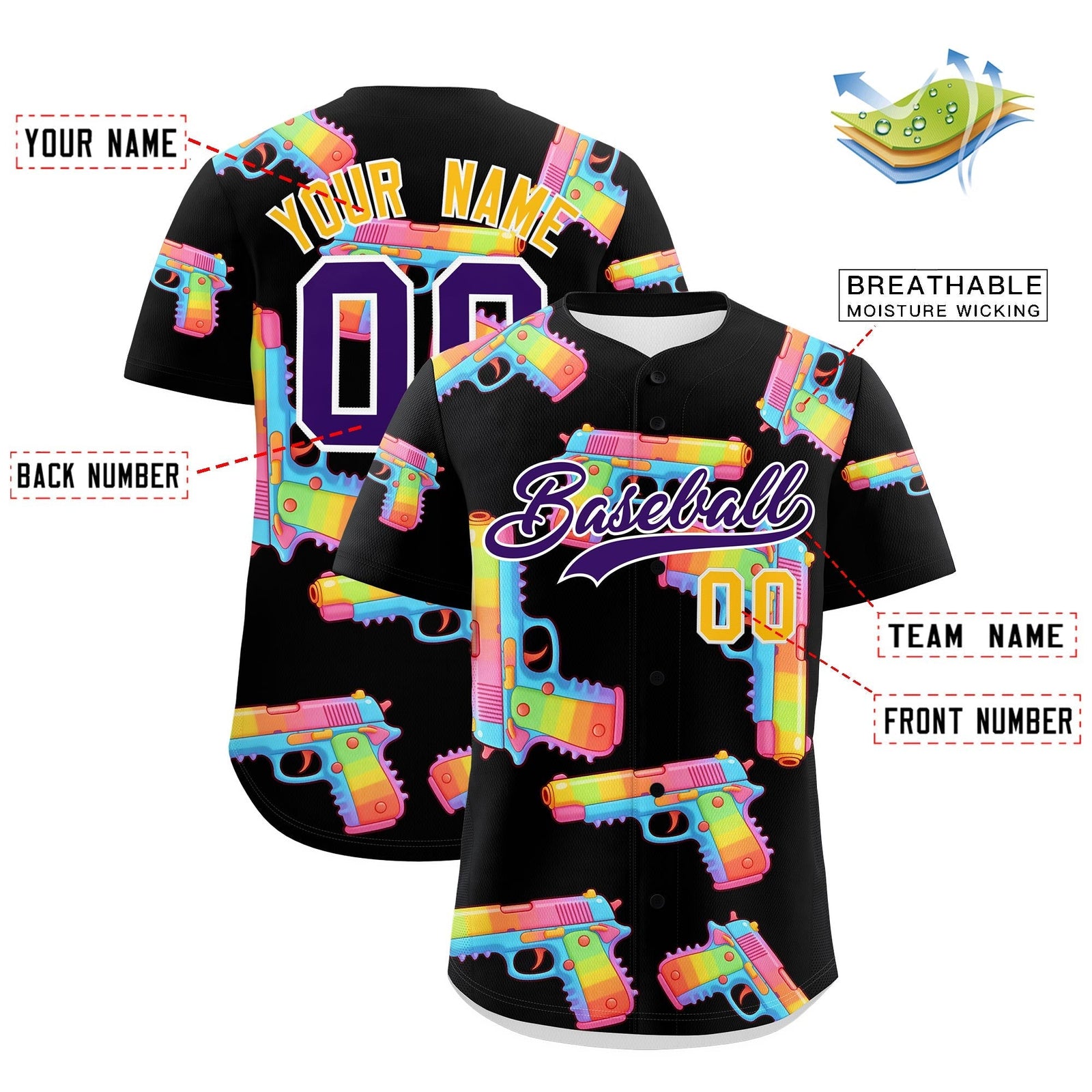 Custom Youth Baseball Jersey Black Purple Sugar-Coated Firepower Graffiti Pattern Urban Fashion