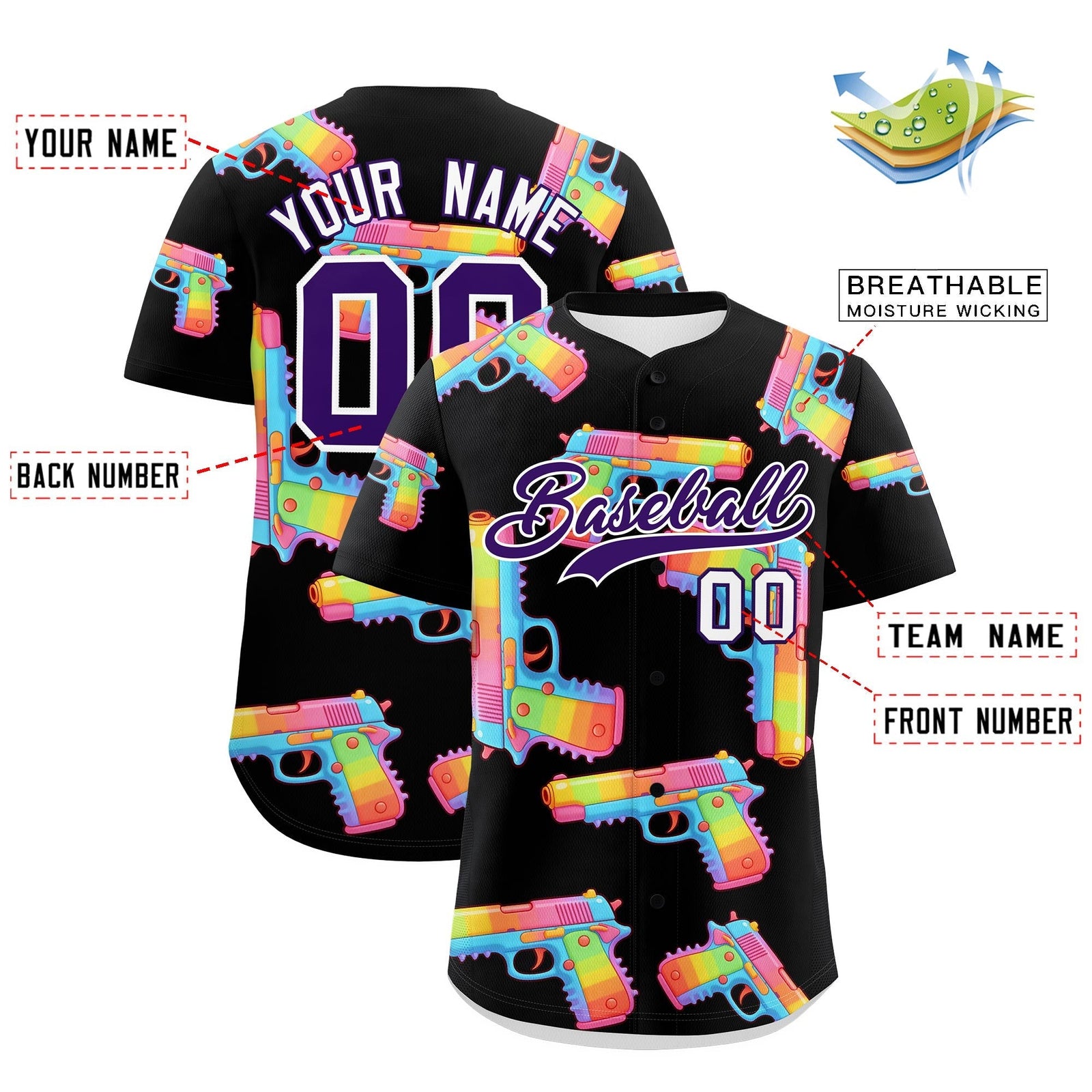 Custom Youth Baseball Jersey Black Purple Sugar-Coated Firepower Graffiti Pattern Street Style