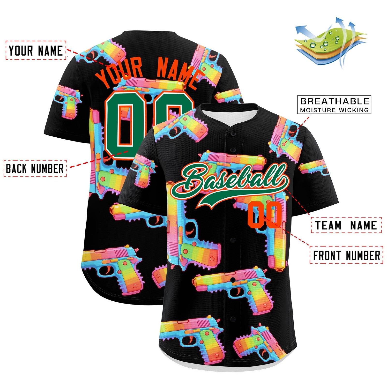 Custom Youth Baseball Jersey Black Kelly Green Sugar-Coated Firepower Graffiti Pattern Hip-hop
