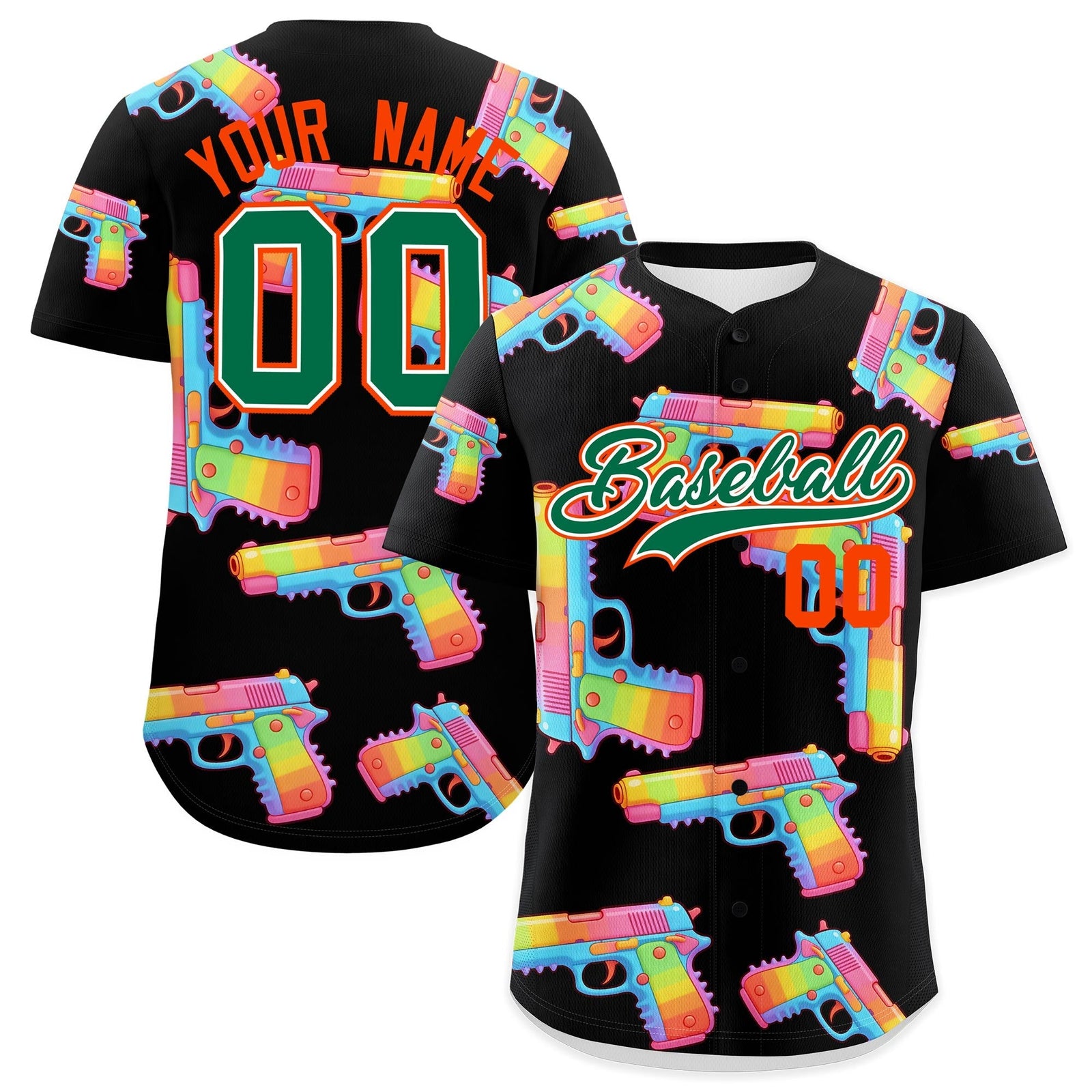 Custom Youth Baseball Jersey Black Kelly Green Sugar-Coated Firepower Graffiti Pattern Hip-hop