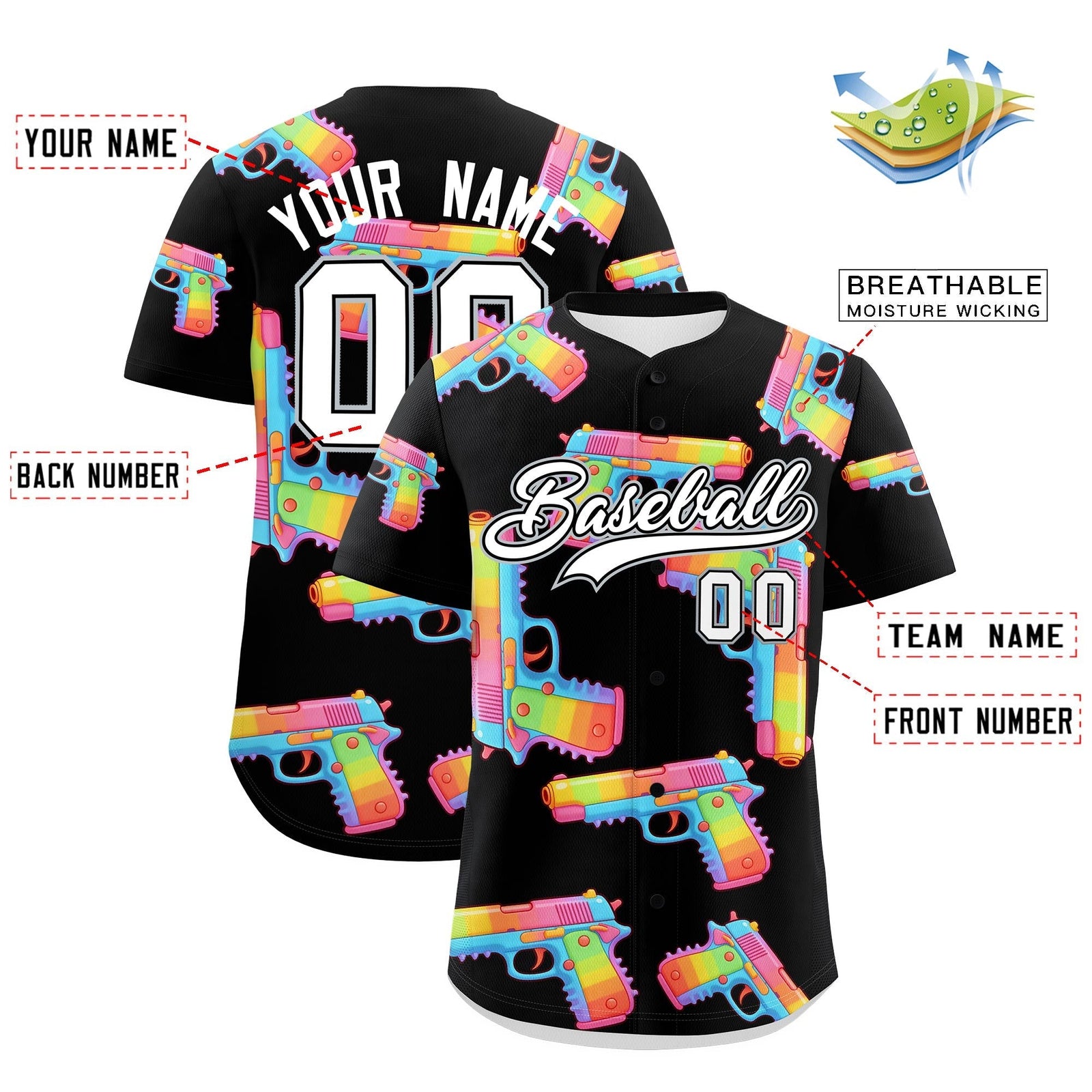 Custom Youth Baseball Jersey Black White Sugar-Coated Firepower Graffiti Pattern Street Style