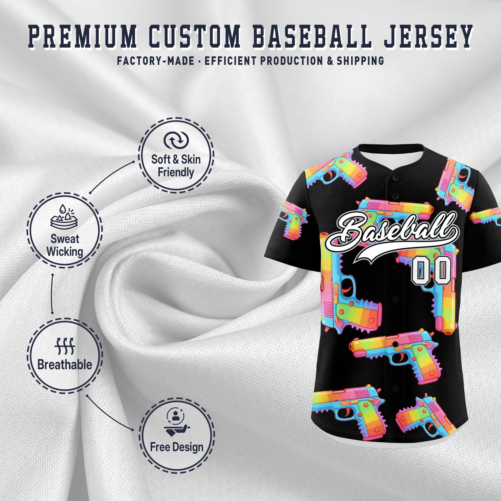 Custom Youth Baseball Jersey Black White Sugar-Coated Firepower Graffiti Pattern Street Style