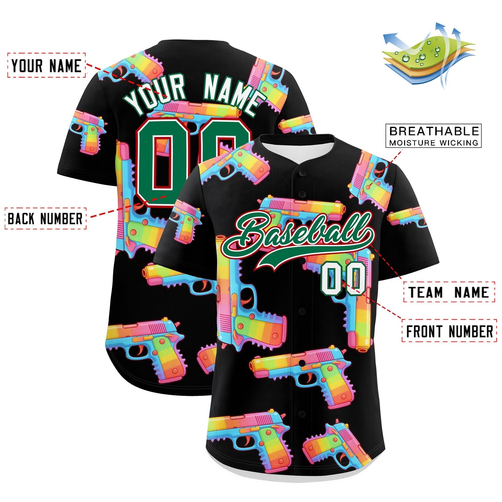 Custom Youth Baseball Jersey Black Kelly Green Sugar-Coated Firepower Graffiti Pattern Urban Fashion