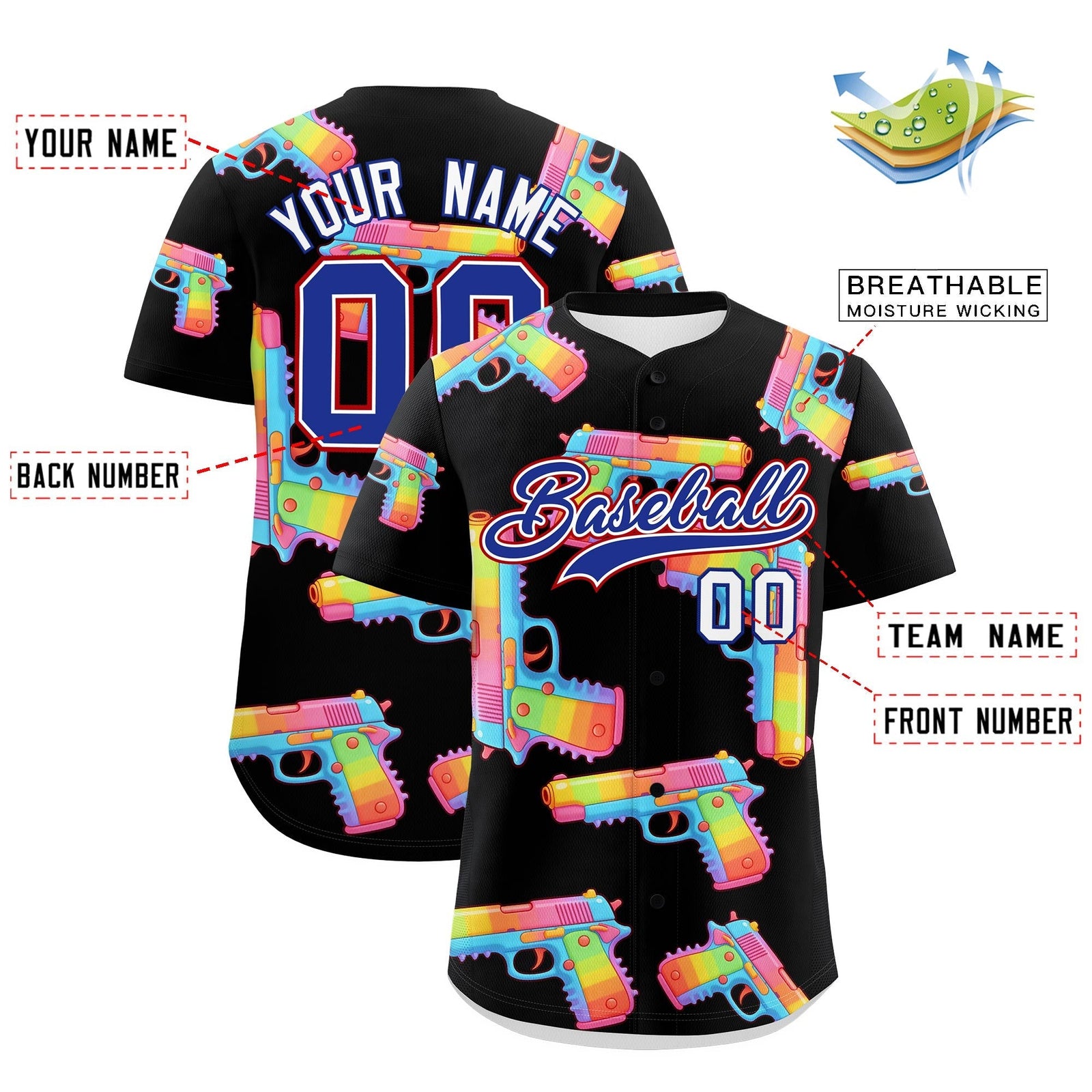 Custom Youth Baseball Jersey Black Royal Blue Sugar-Coated Firepower Graffiti Pattern Street Style