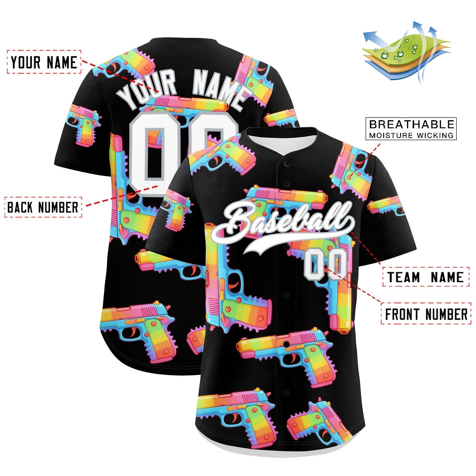 Custom Youth Baseball Jersey Black White Sugar-Coated Firepower Graffiti Pattern Hip-hop