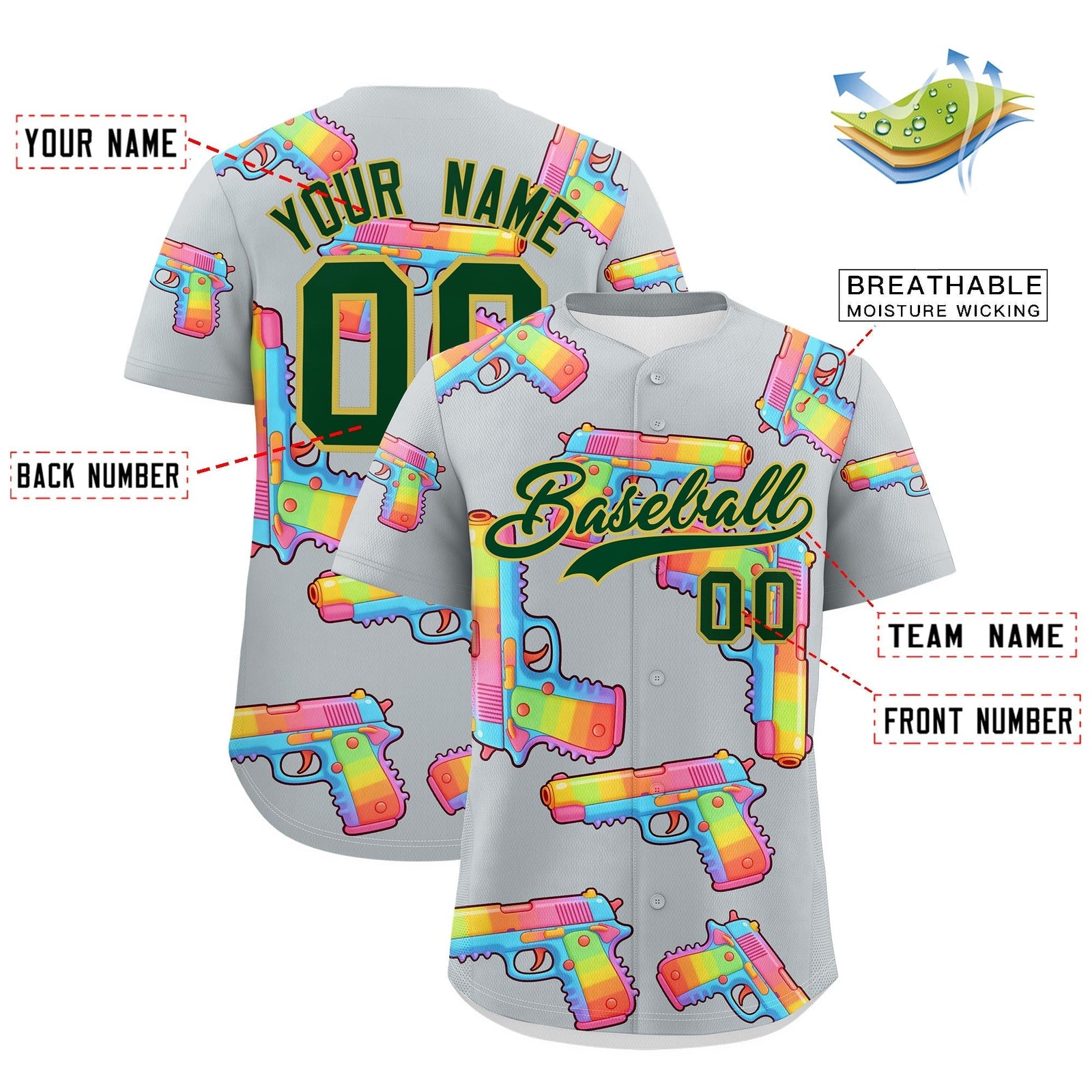 Custom Youth Baseball Jersey Silver Dark Green Sugar-Coated Firepower Graffiti Pattern Hip-hop