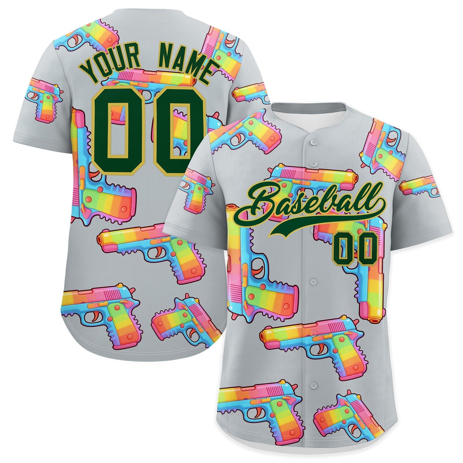 Custom Youth Baseball Jersey Silver Dark Green Sugar-Coated Firepower Graffiti Pattern Hip-hop