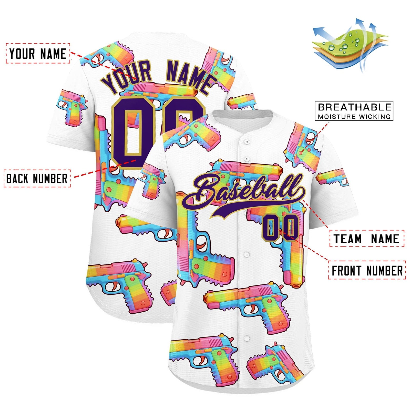 Custom Youth Baseball Jersey White Purple Sugar-Coated Firepower Graffiti Pattern Street Style