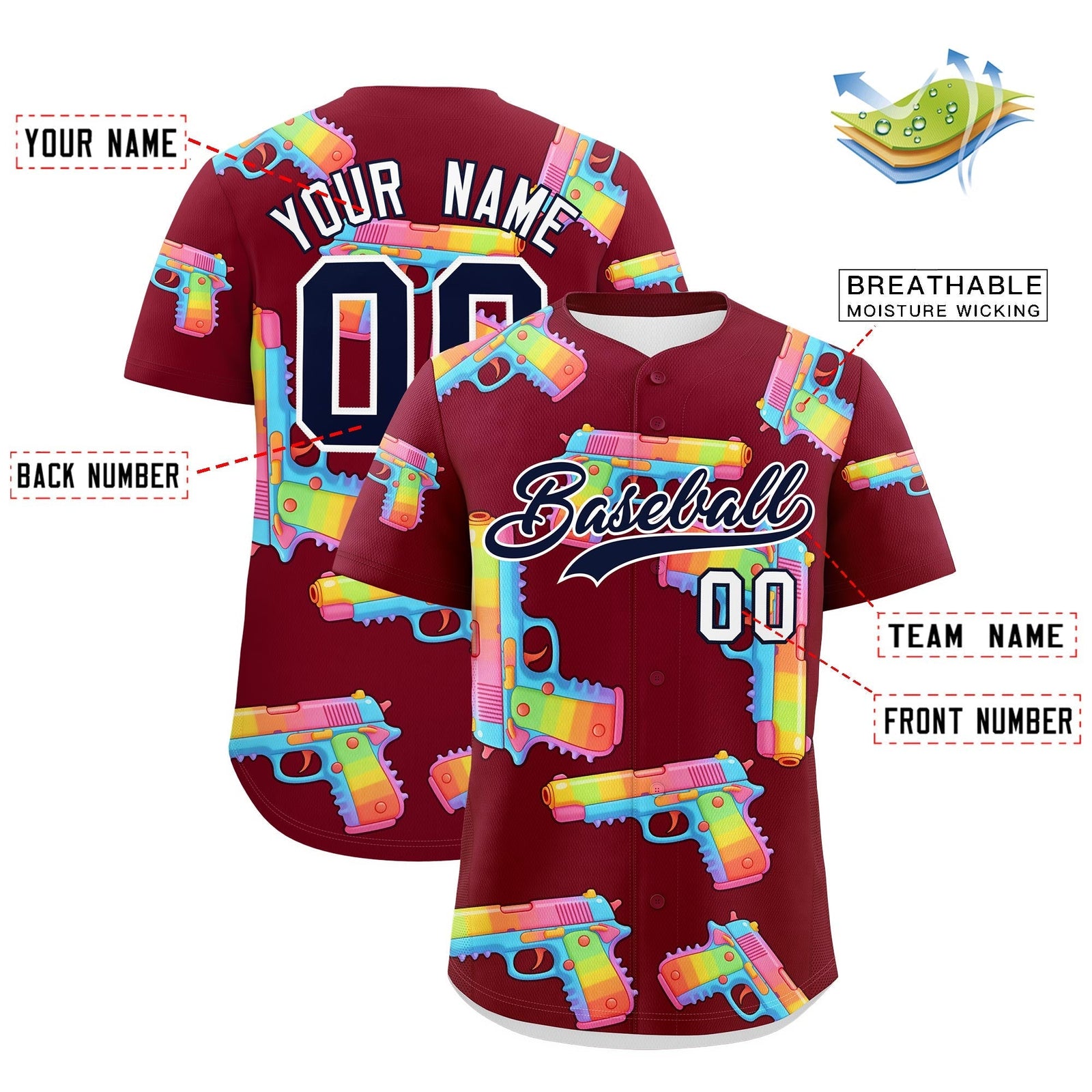 Custom Youth Baseball Jersey Crimson Navy Sugar-Coated Firepower Graffiti Pattern Street Style